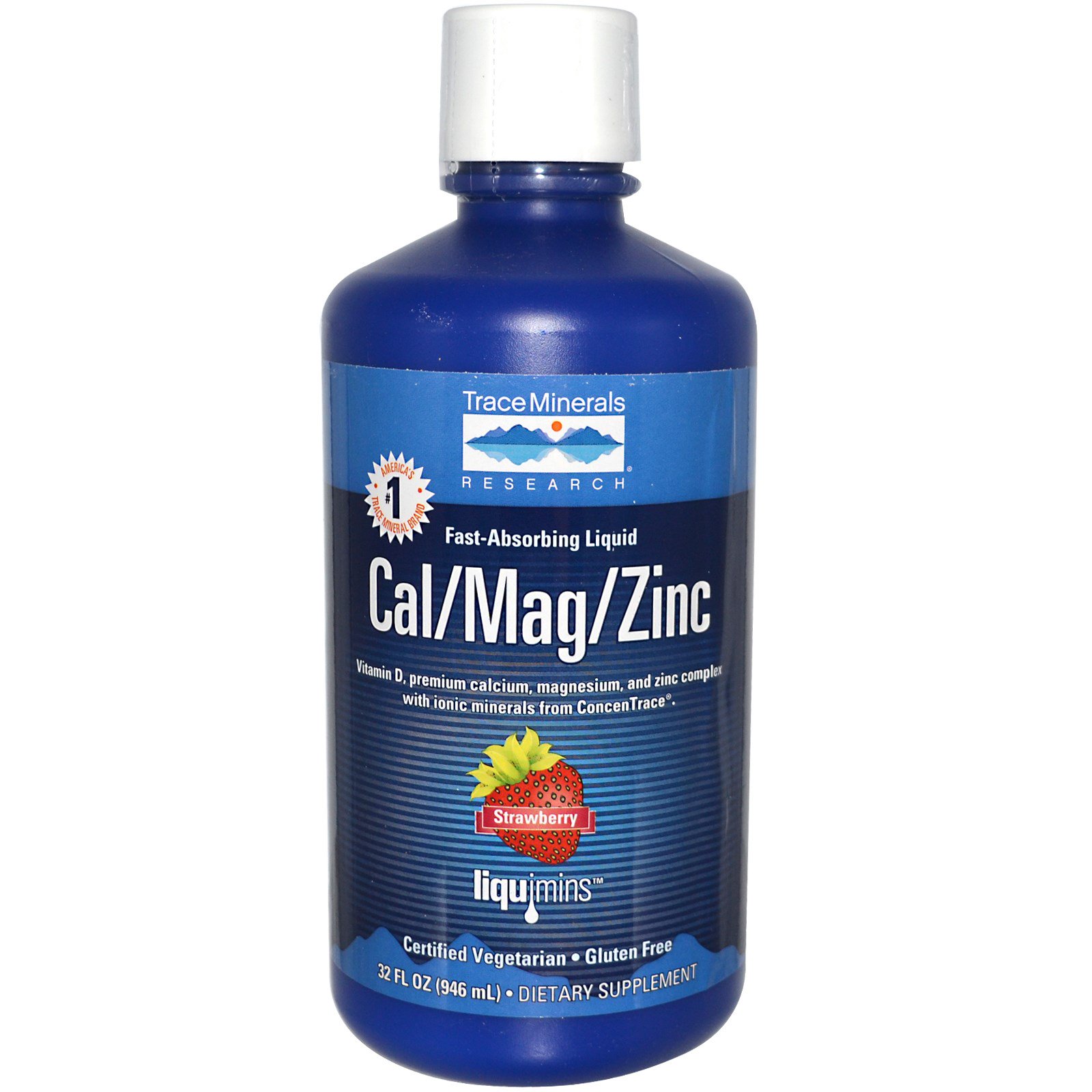 Trace Minerals Research, Líquido de Rápida Absorção, Cal/Mag/Zinc, Morango, 32 fl oz (946 ml) - Imagem 2