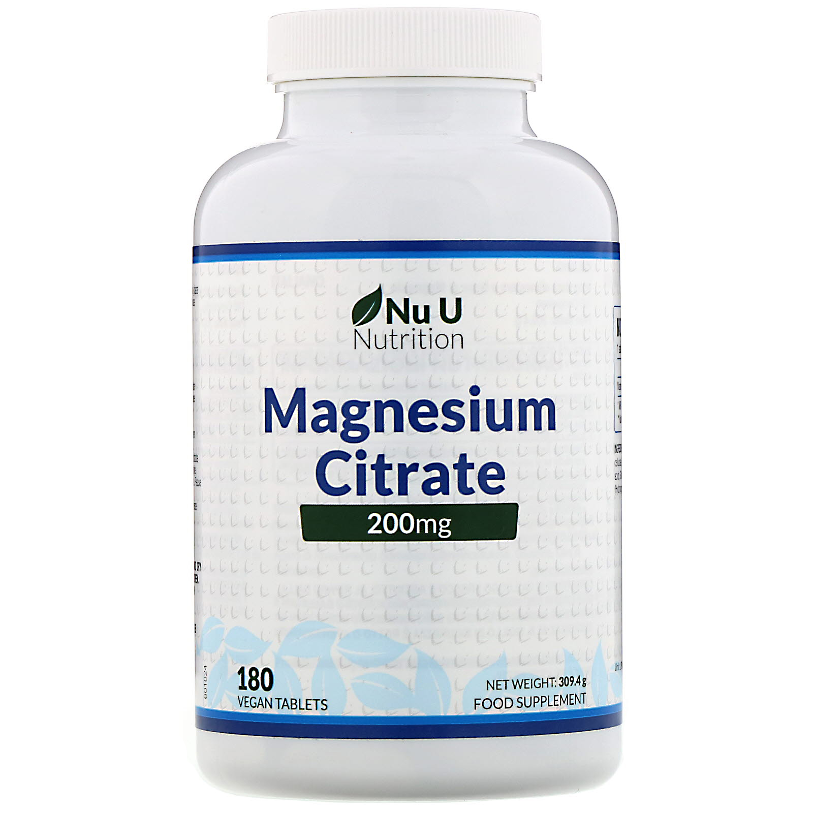 Nu U Nutrition, Citrato de Magnésio, 200 mg, 180 Comprimidos Veganos