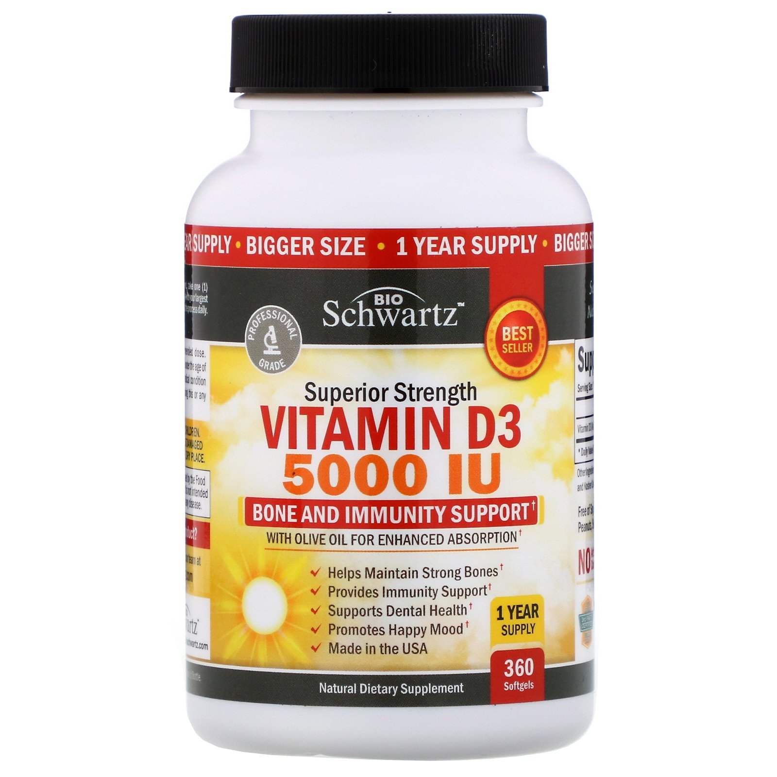 BioSchwartz, Força Superior da Vitamina D3, 5.000 UI, 360 Cápsulas Gelatinosas - Imagem 3