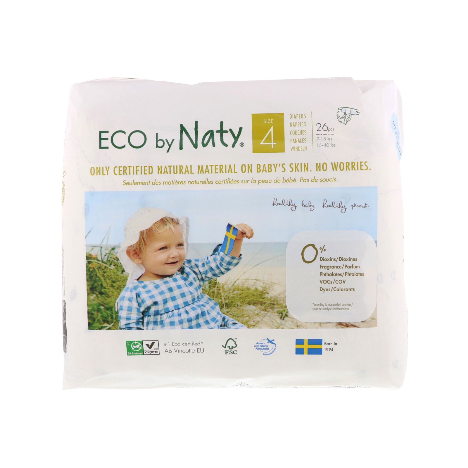 Naty, Fraldas para Pele Sensível, Tamanho 4, 15-40 lbs (7-18 kg), 26 Fraldas
