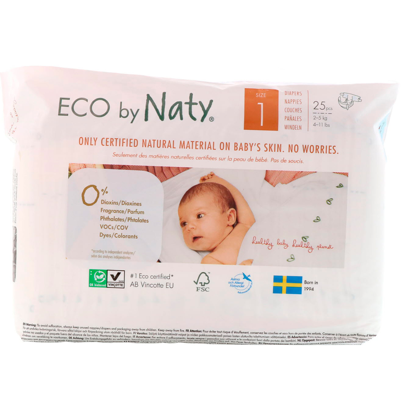 Naty, Fraldas para Pele Sensível, Tamanho 1, De 2 a 5 kg, 25 Fraldas