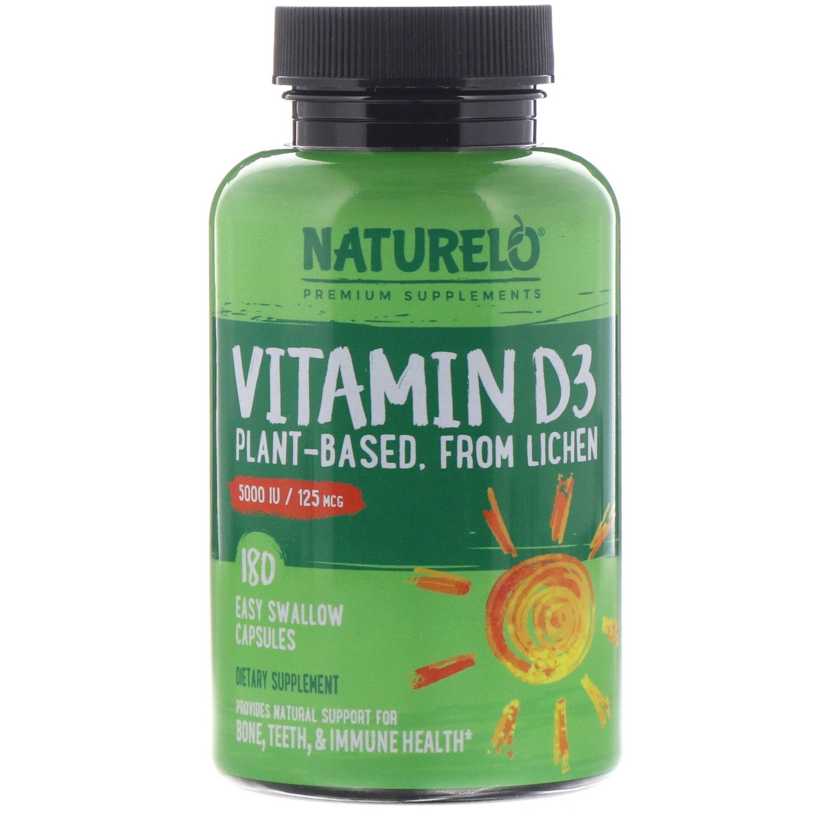 NATURELO, Vitamina D3, à Base de Plantas, 5.000 UI/125 mcg, 180 Cápsulas de Fácil Ingestão