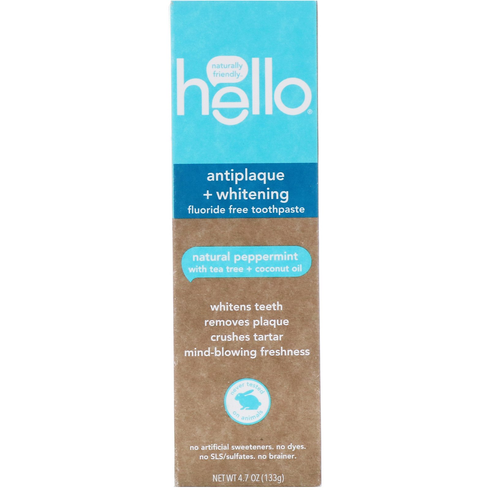 Hello, Creme Dental sem Flúor, Antiplaca + Branqueamento, Hortelã Natural, 4,7 oz (133 g)