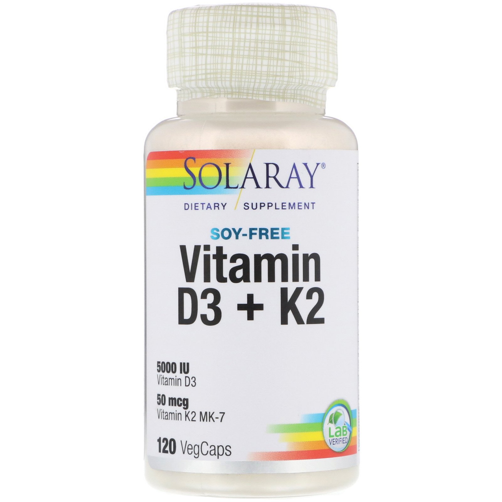 Solaray, Vitamina D-3 + K-2 sem Soja, 120 Cápsulas Vegetais
