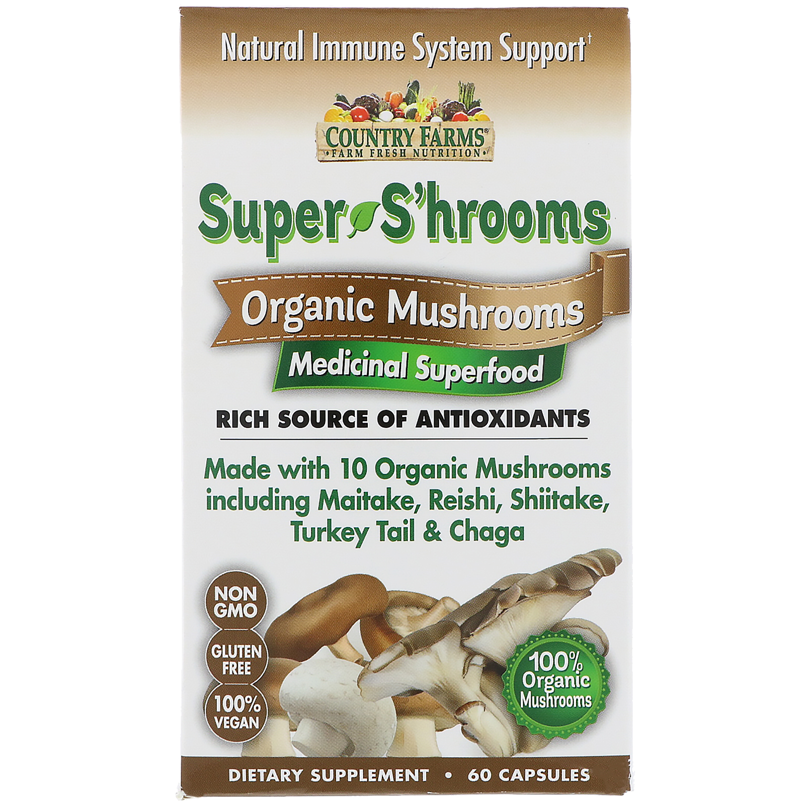 Country Farms, Super S'hrooms, Cogumelos Orgânicos, Superalimento Medicinal , 60 cápsulas