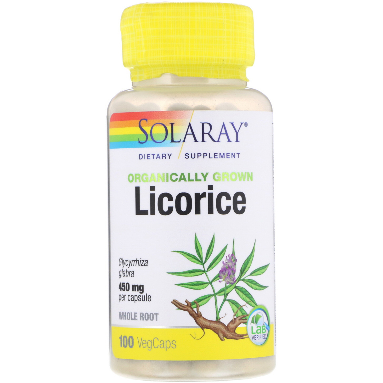 Solaray, Alcaçuz Cultivado Organicamente, 450 mg, 100 Cápsulas Vegetais