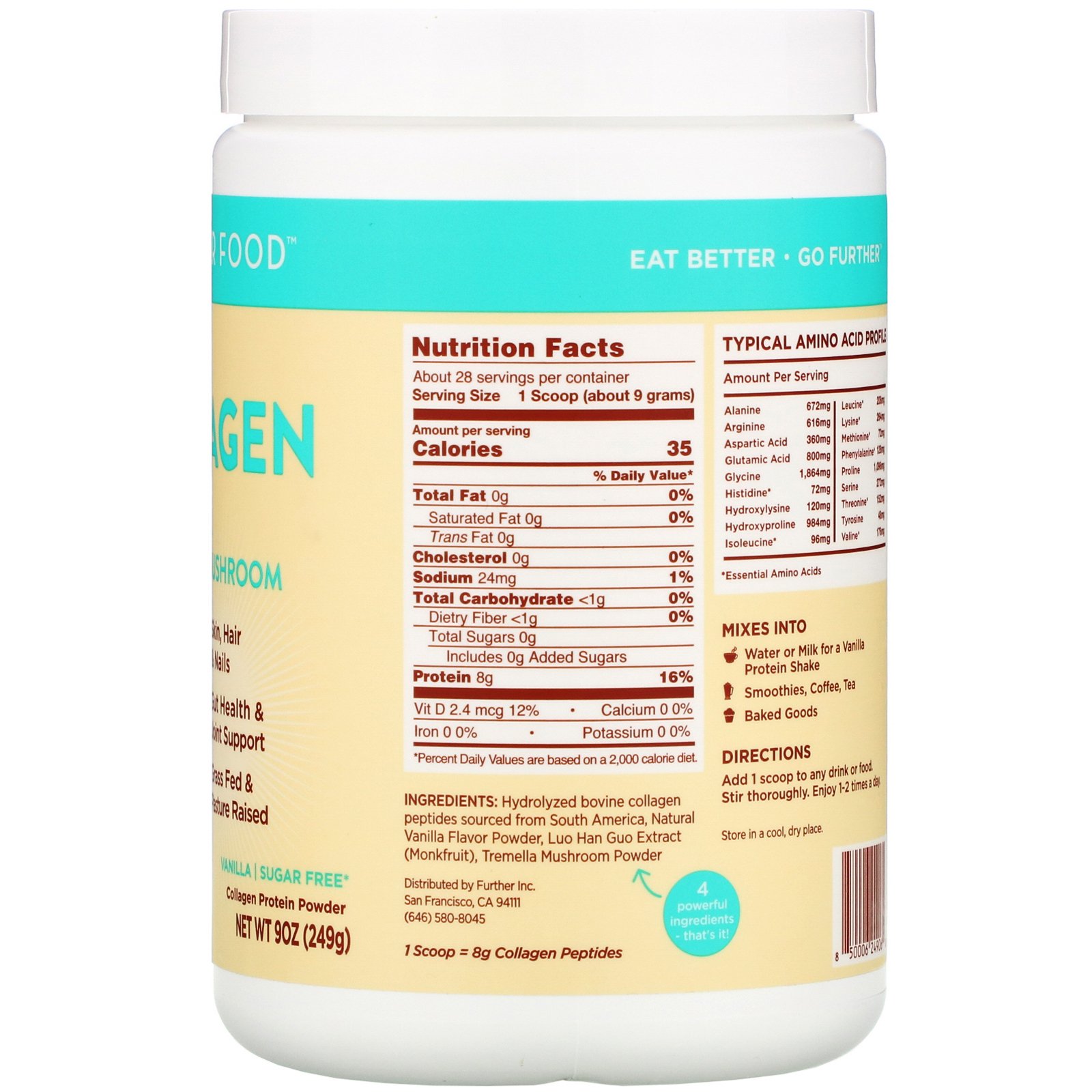 Further Food, Collagen Peptides Plus Beauty Mushroom, Baunilha, 249 g (9 oz) - Imagem 2