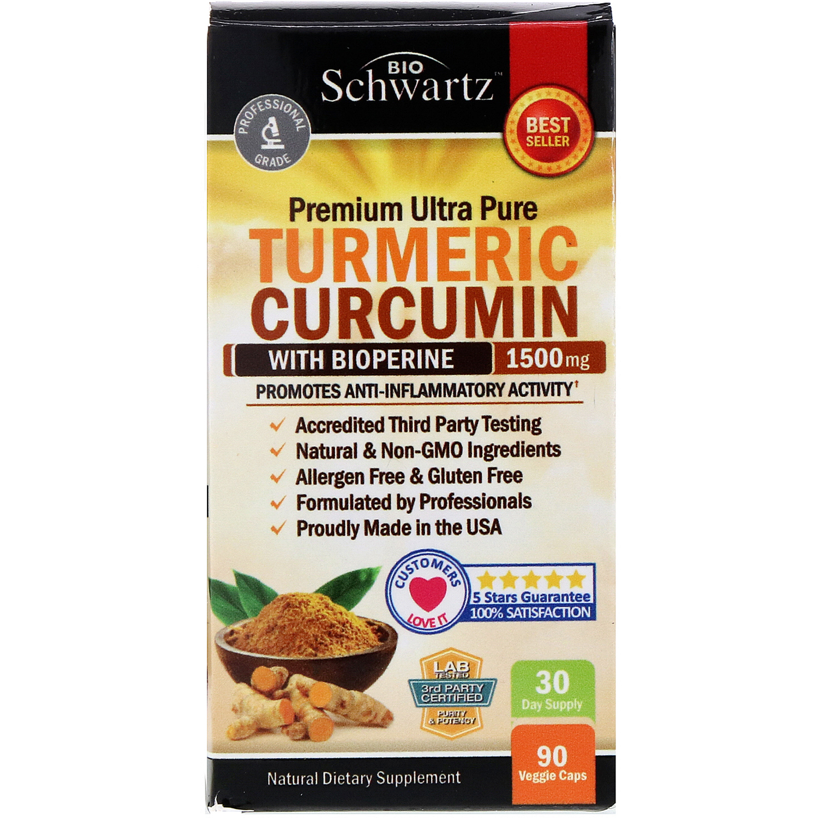 BioSchwartz, Curcumina de Cúrcuma Premium Ultra Pura com Bioperina, 1.500 mg, 90 Cápsulas Vegetais