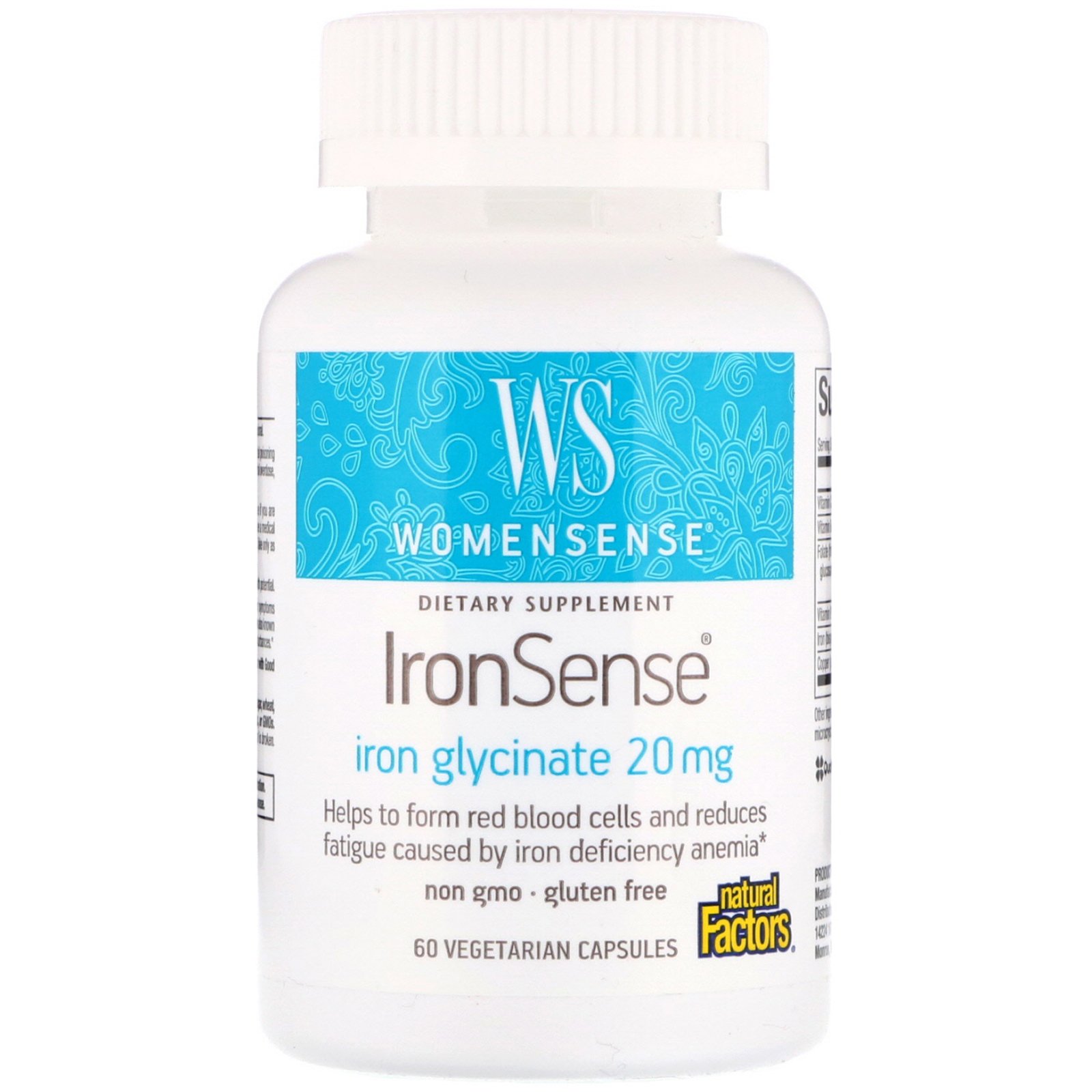 Natural Factors, WomenSense, IronSense, Glicinato de Ferro, 20 mg, 60 Cápsulas Vegetarianas