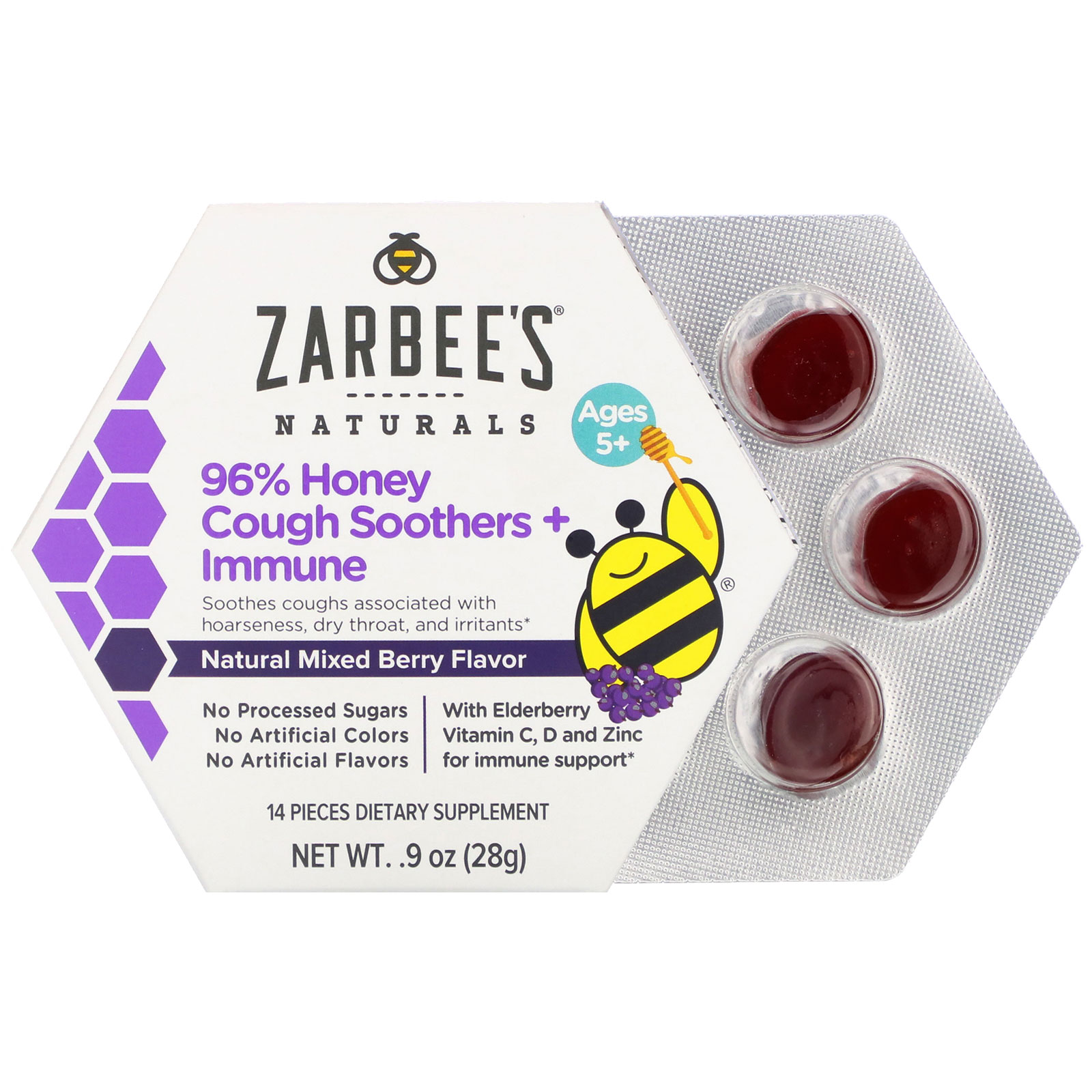 Zarbee's, 96% Honey Cough Soothers + Immune Support, Natural Mixed Berry Flavor, Ages 5+, 14 Pieces - Imagem 2