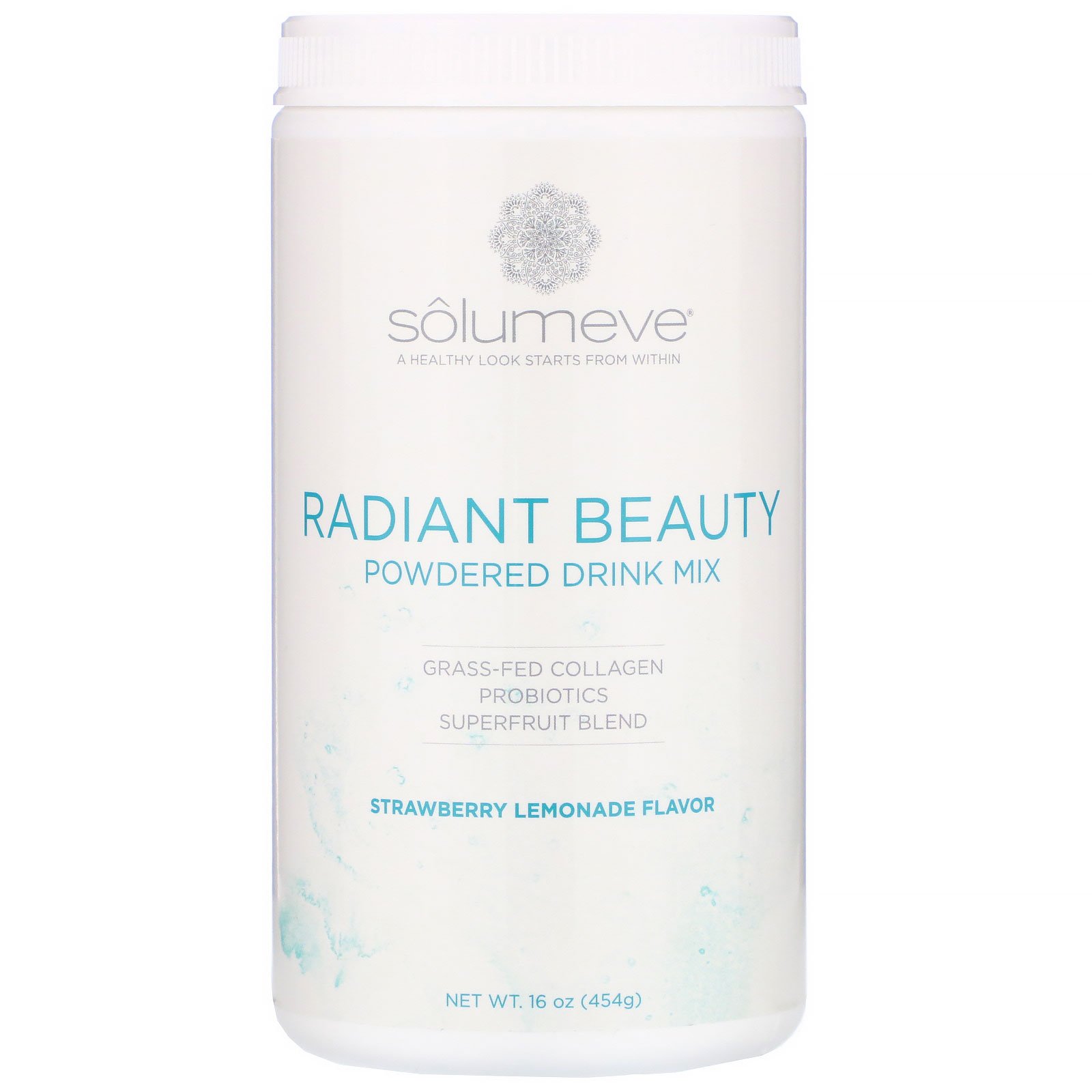 Solumeve, Beleza Radiante, Colágeno de Animais Alimentados com Grama, Mistura de Bebida em Pó com Probióticos & Superfrutas, Limonada de Morango, 16 oz (454 g)