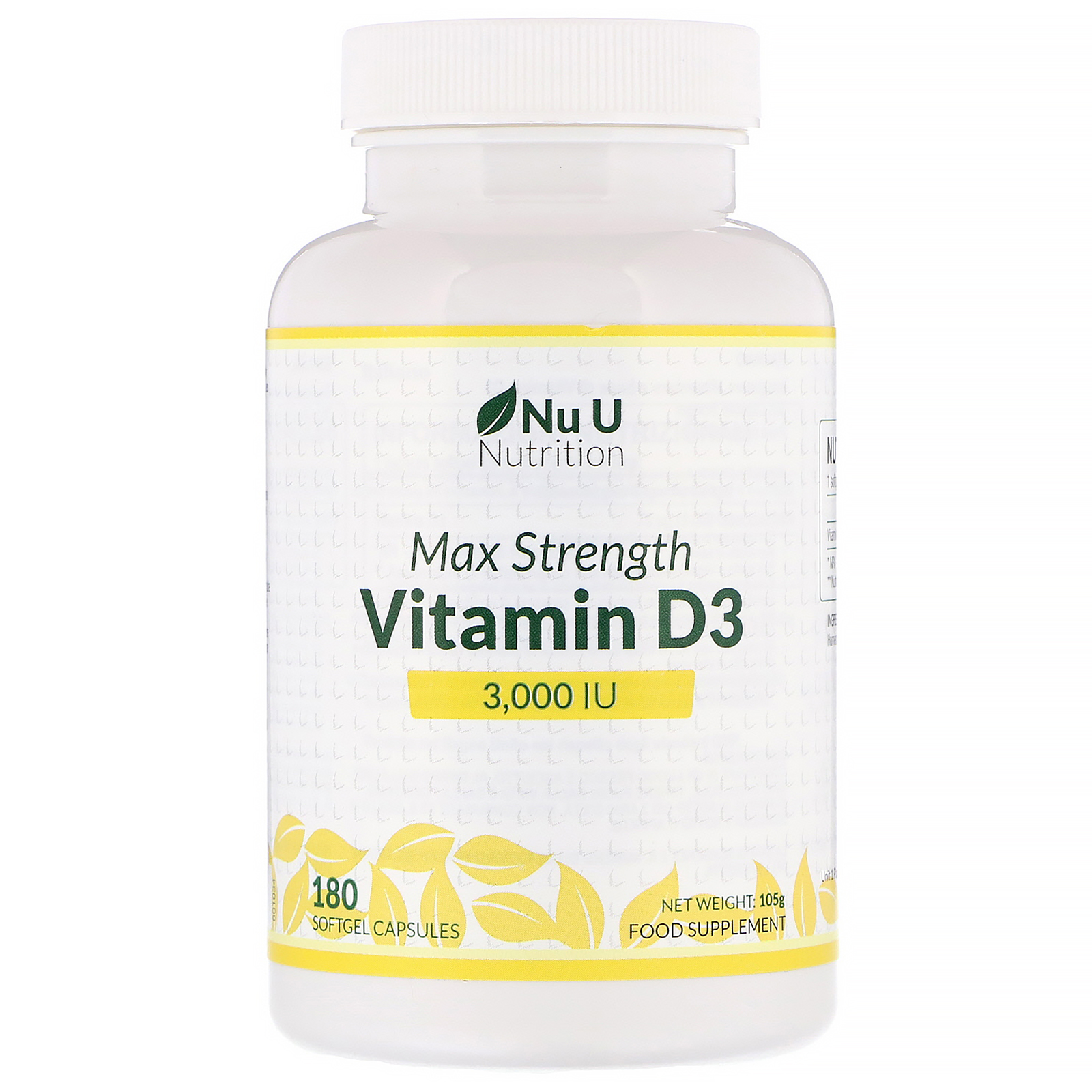 Nu U Nutrition, Vitamina D3 Máxima Potência, 3.000 UI, 180 Cápsulas Gelatinosas