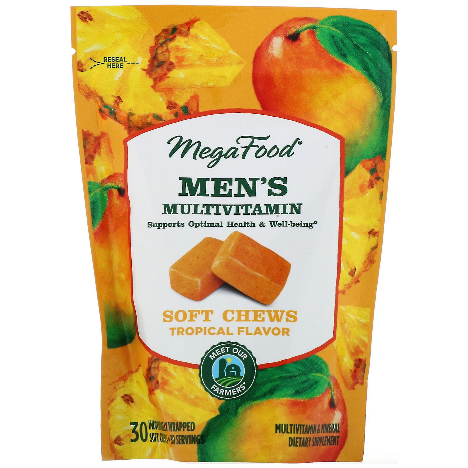 MegaFood, Men's Multivitamin Soft Chews, Sabor Tropical, 30 Gomas Mastigáveis Embaladas Individualmente