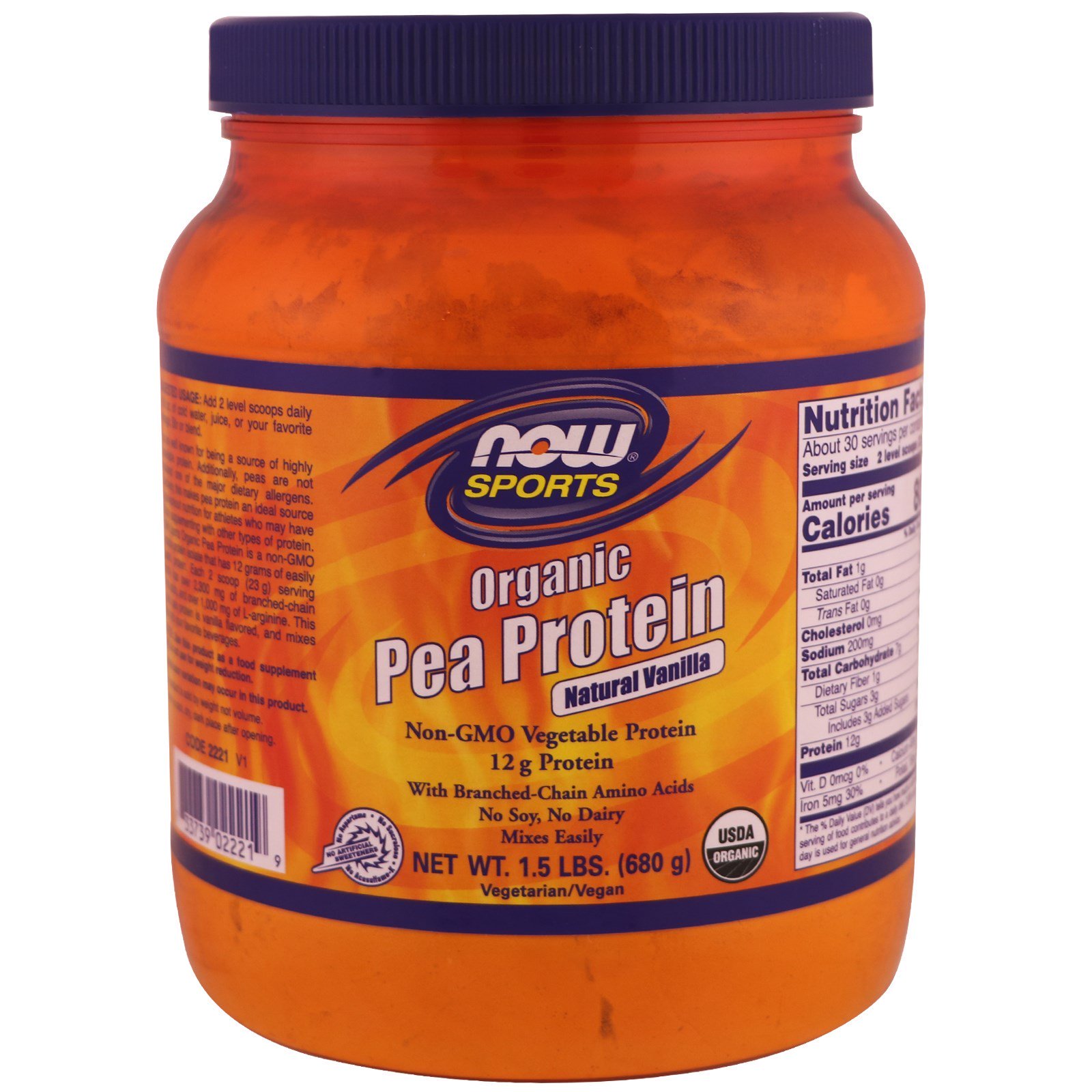 Now Foods, Sports, Proteína de Ervilha Orgânica, Sabor Natural de Baunilha, 680 g (1,5 lb)