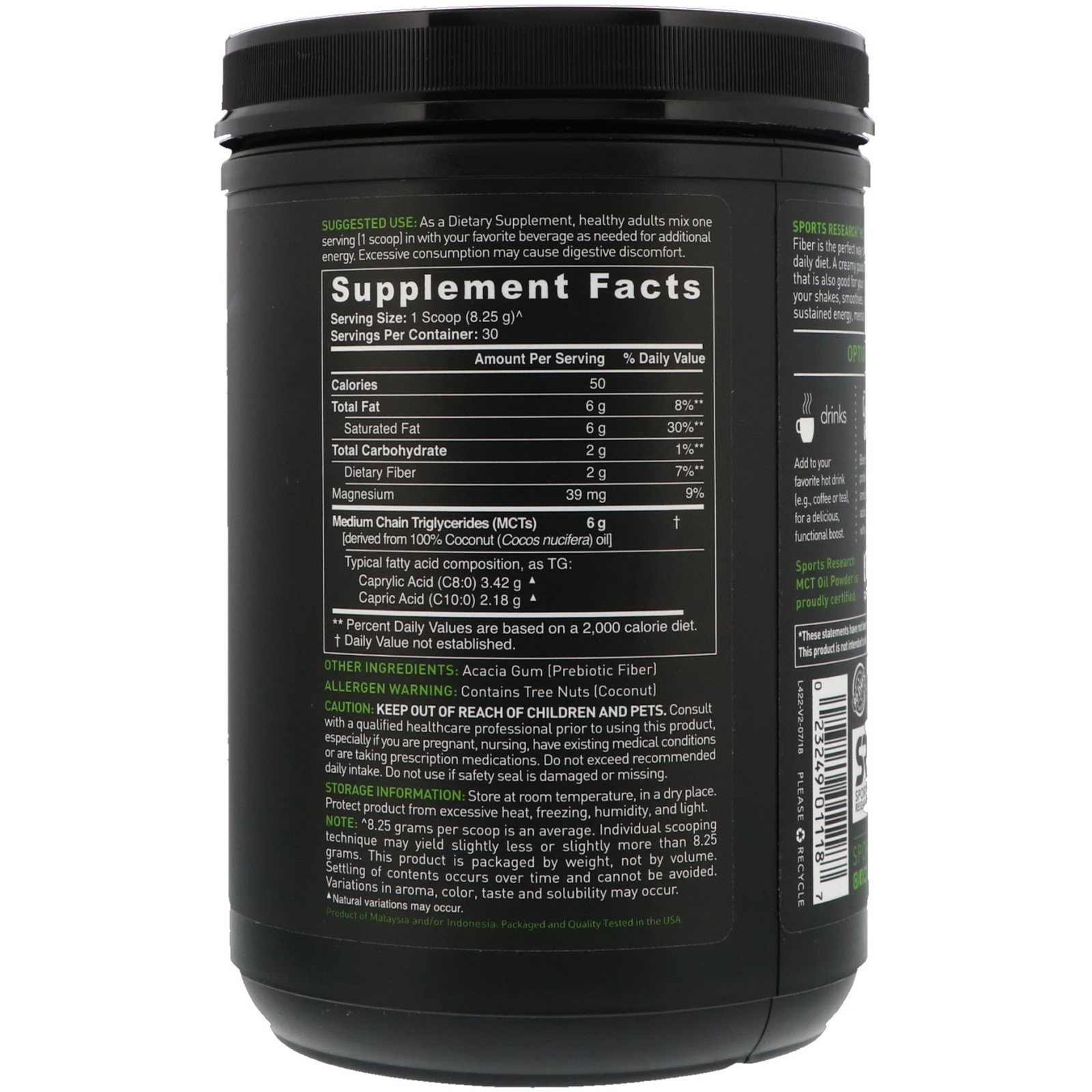 Sports Research, Pó de Óleo MCT com Fibra Prebiótica, sem sabor, 8,73 onças (247,5 g) - Imagem 2
