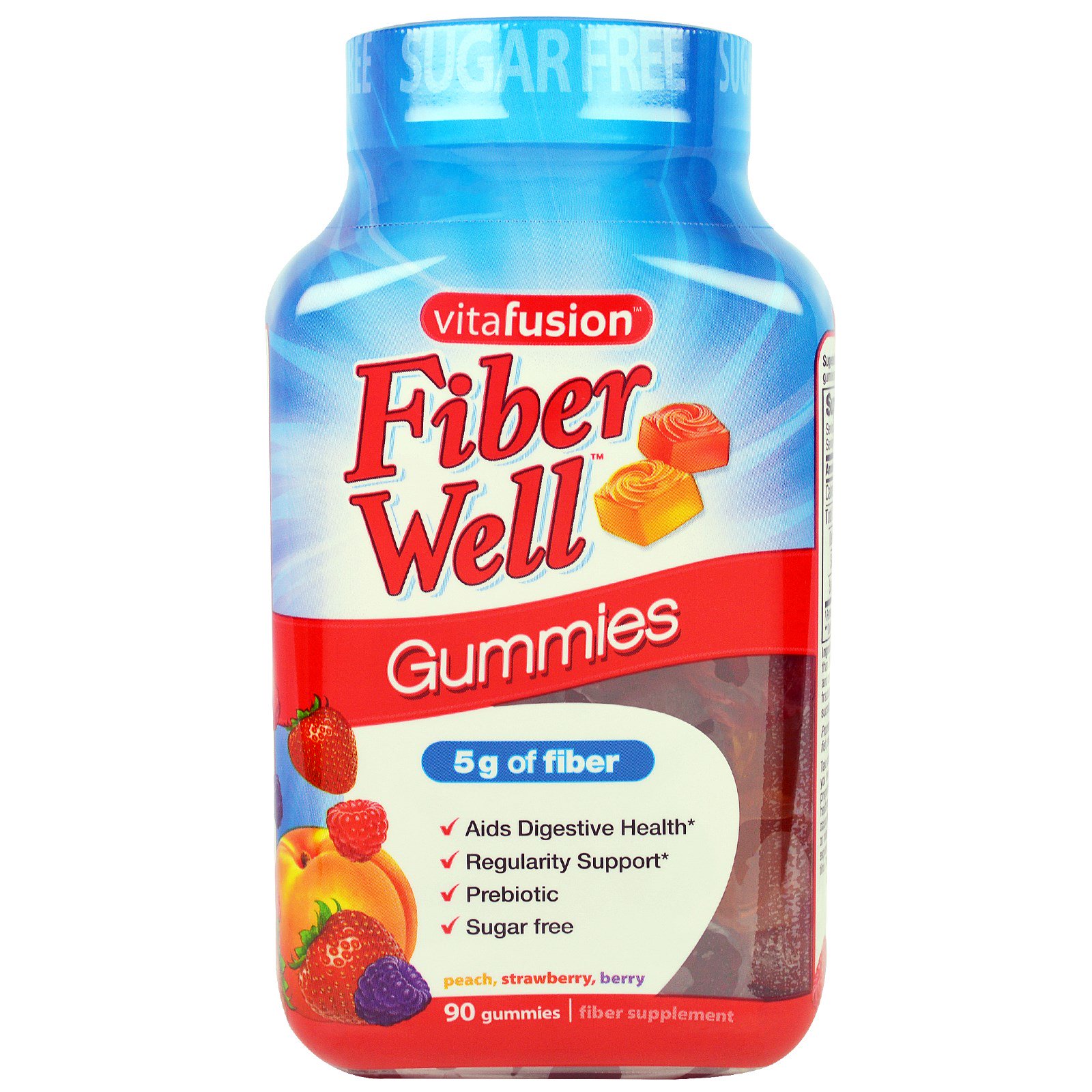 VitaFusion, Fiber Well, Pêssego, Morango, Baga, 90 Balas de Goma