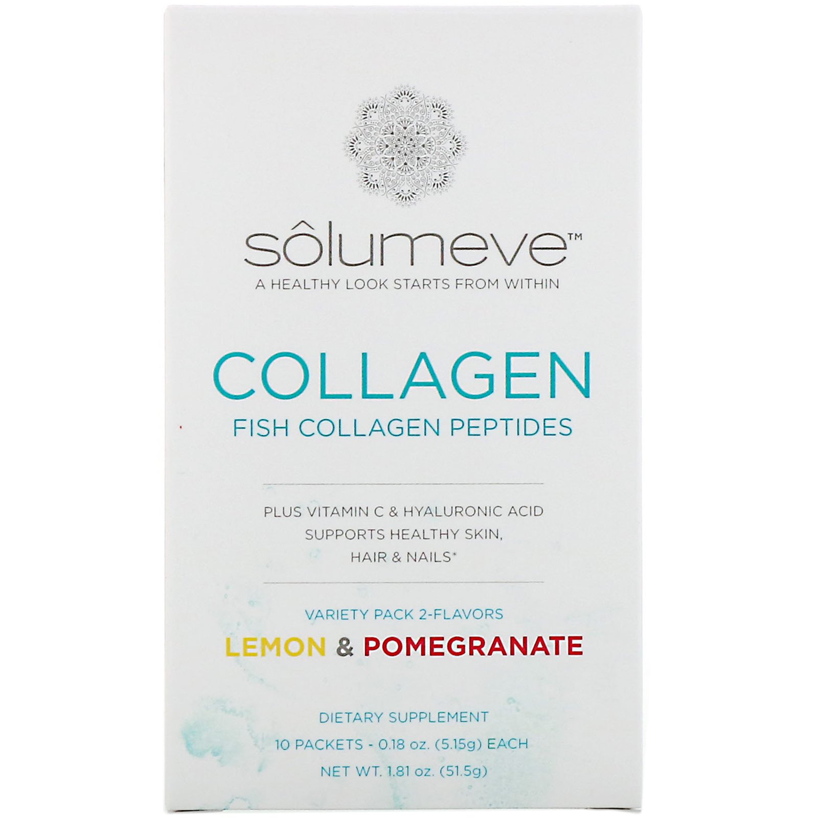 Solumeve, Peptídeos de Colágeno Mais Vitamina C e Ácido Hialurônico, Embalagem Sortida, Limão Siciliano e Romã, 10 Envelopes, 5,15 g (0,18 oz) Cada - Imagem 2