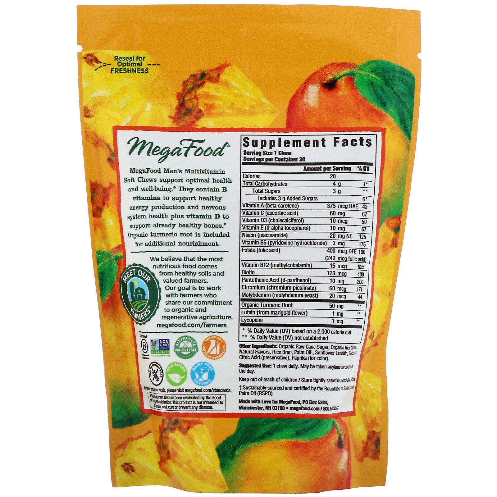 MegaFood, Men's Multivitamin Soft Chews, Sabor Tropical, 30 Gomas Mastigáveis Embaladas Individualmente - Imagem 2