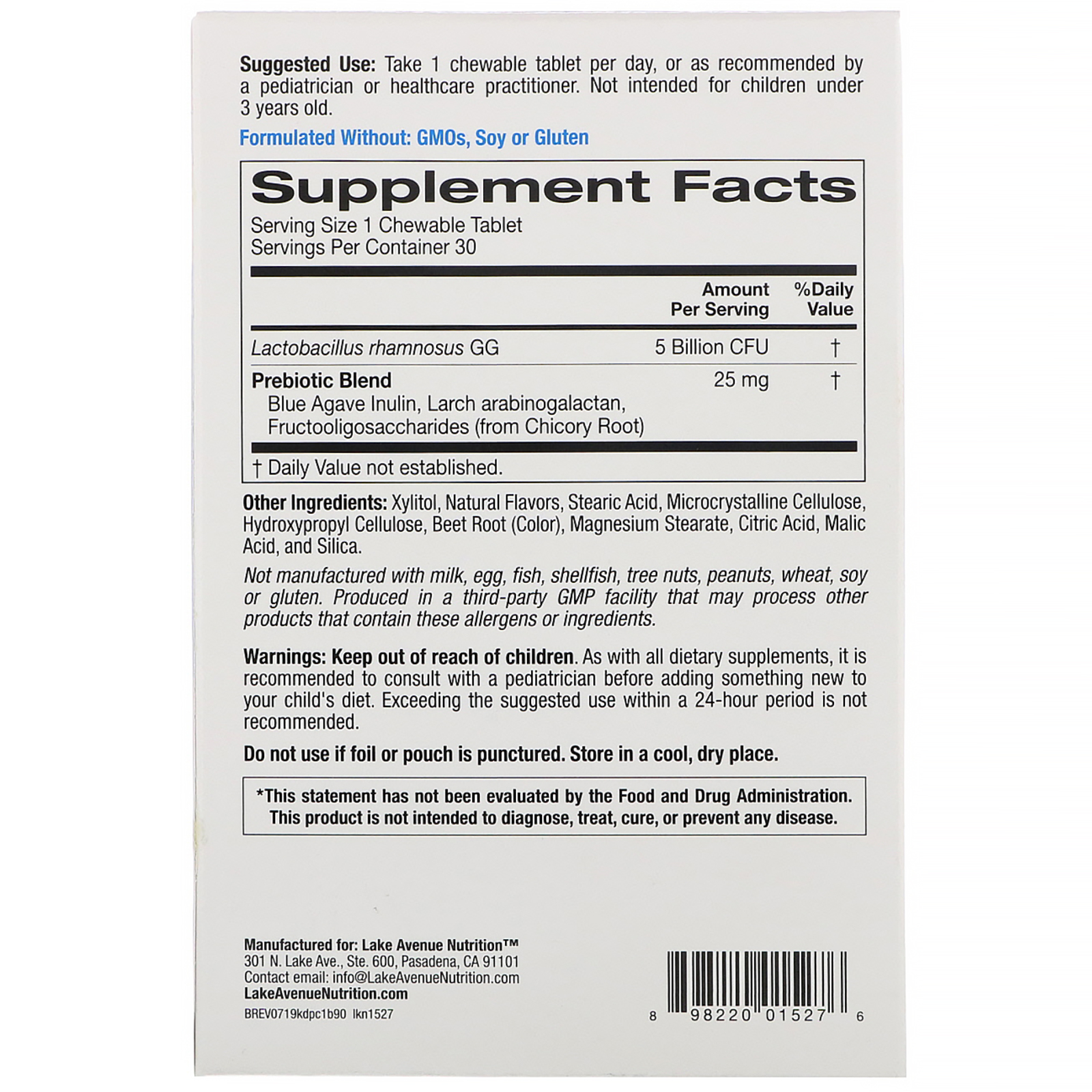 Lake Avenue Nutrition, Probiótico Mastigável Diário para Crianças, Sabor de Frutas Vermelhas Naturais, 5 Bilhões de UFCs, 30 Comprimidos Mastigáveis - Imagem 2