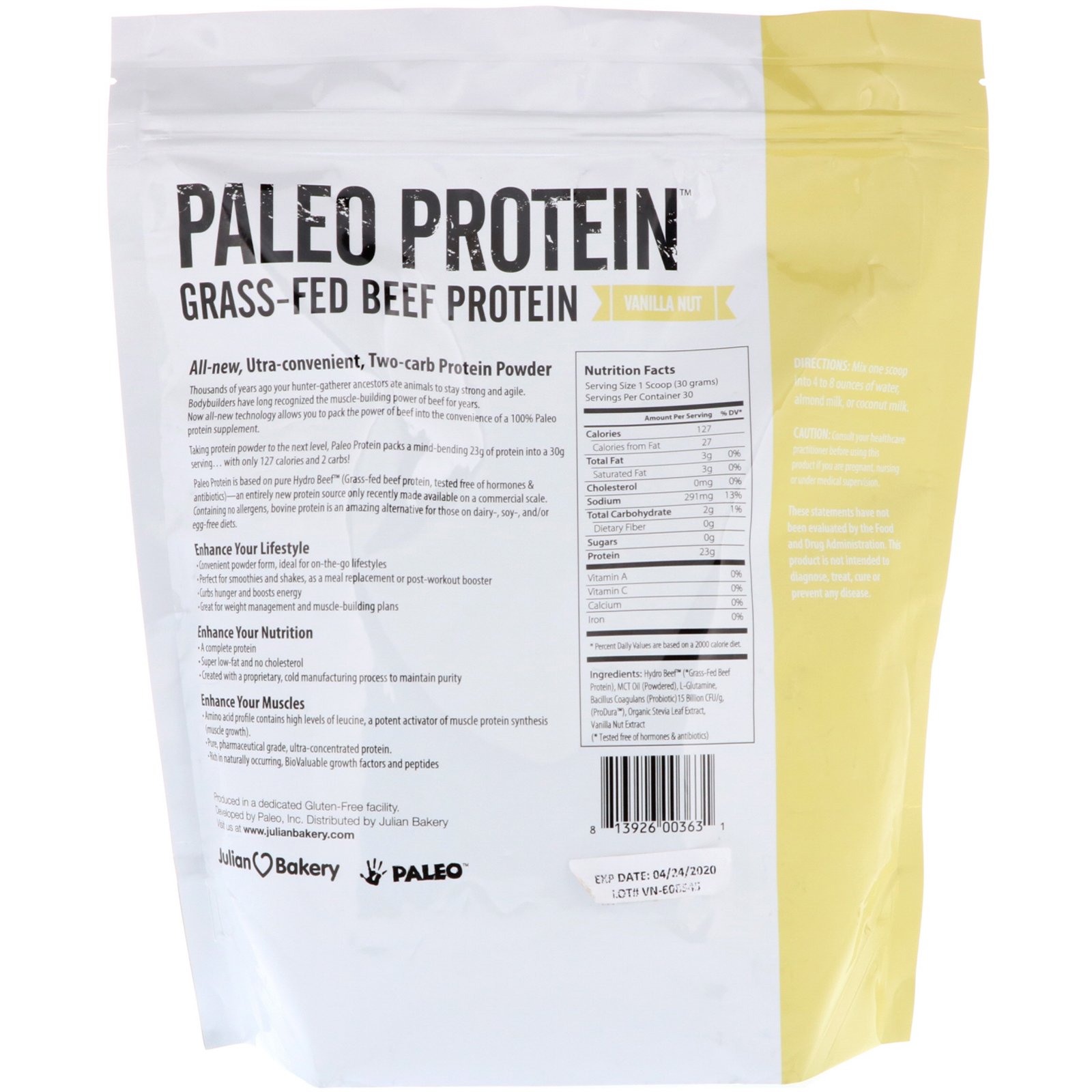 Julian Bakery, Proteína Paleo, Proteína de Gado Alimentado com Grama, Sabor Baunilha e Nozes, 907 g (2 lbs) - Imagem 2