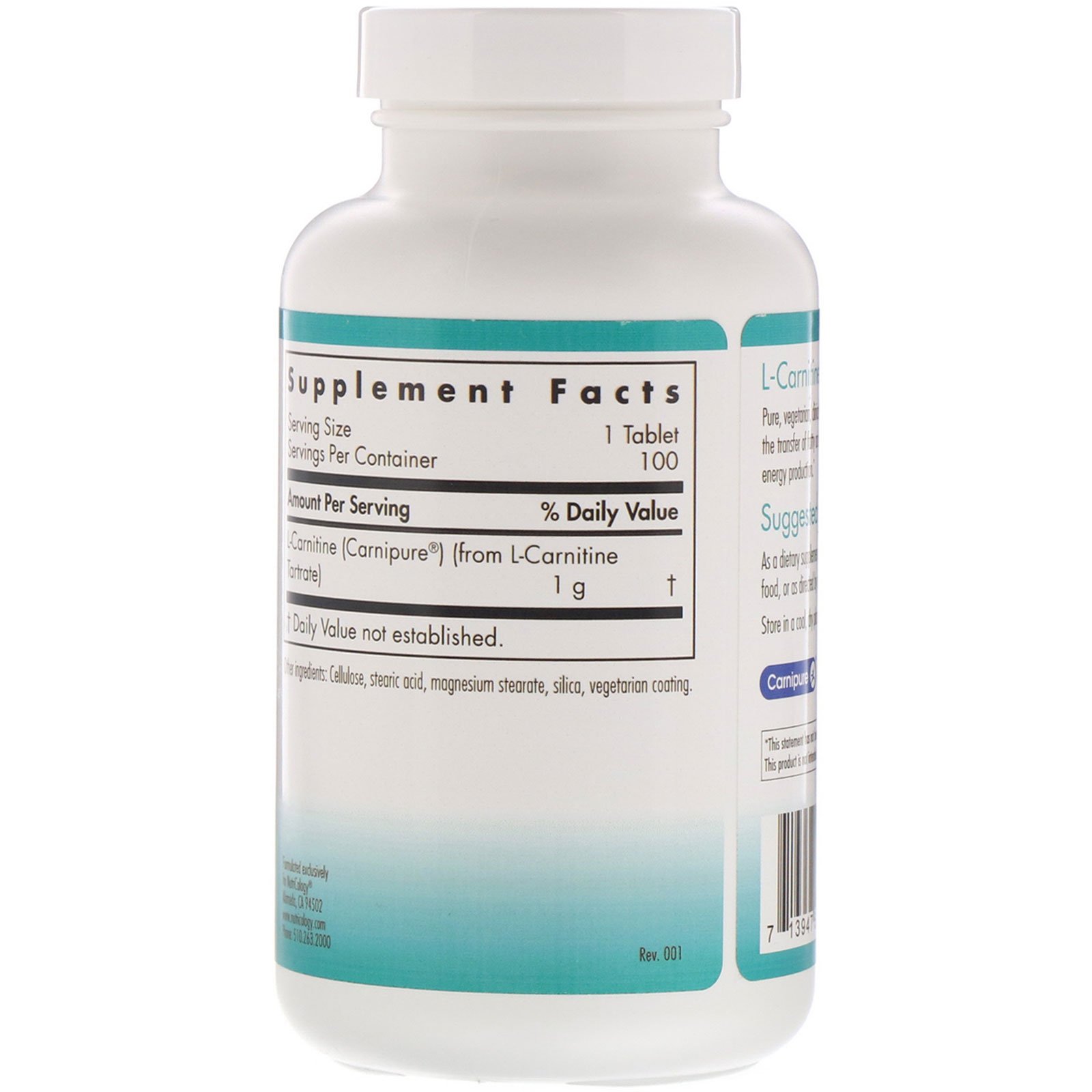 Nutricology, L-Carnitine, 1,000 mg, 100 Vegetarian Tablets - Imagem 2