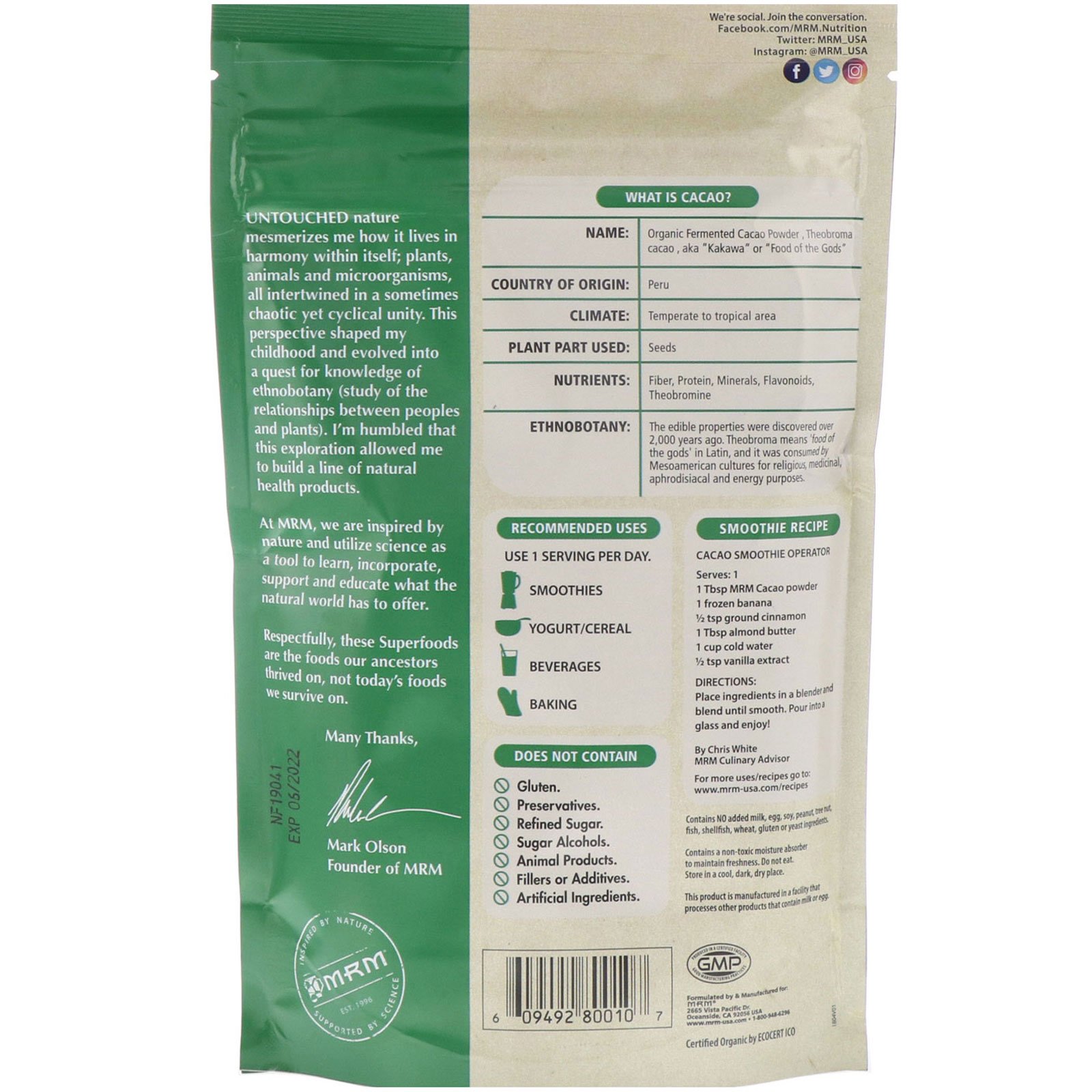 MRM, Pó de Cacau Fermentado Orgânico, 240 g (8,5 oz) - Imagem 2