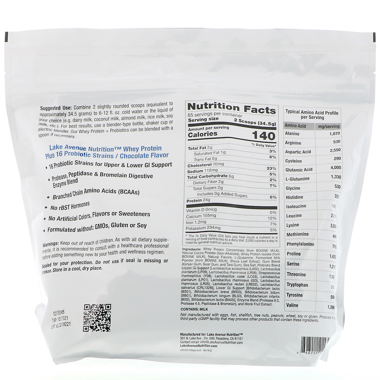 Lake Avenue Nutrition, Proteína Whey + Probióticos, Sabor Chocolate, 2270 g (5 lb) - Imagem 2