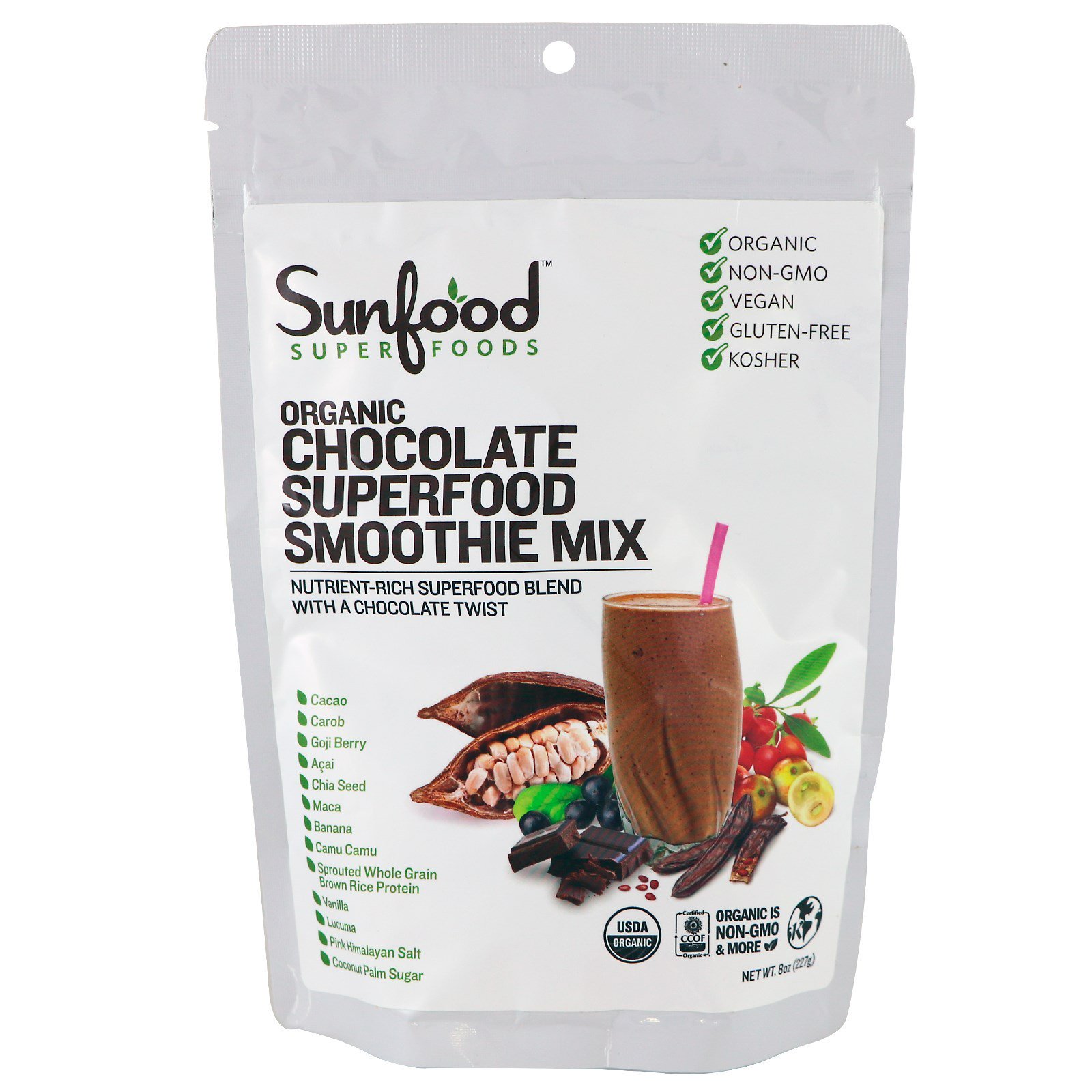 Sunfood, Mistura Superfood para Smoothie de Chocolate Orgânico, 227 g (8 oz)