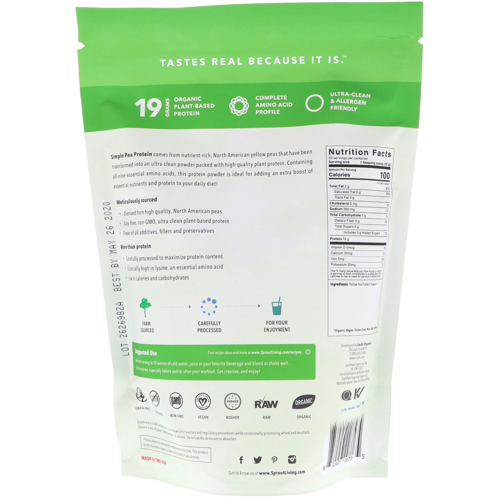 Sprout Living, Simple Protein, Organic Plant Protein, Pea (Unflavored), 1 lb (440 g) - Imagem 2