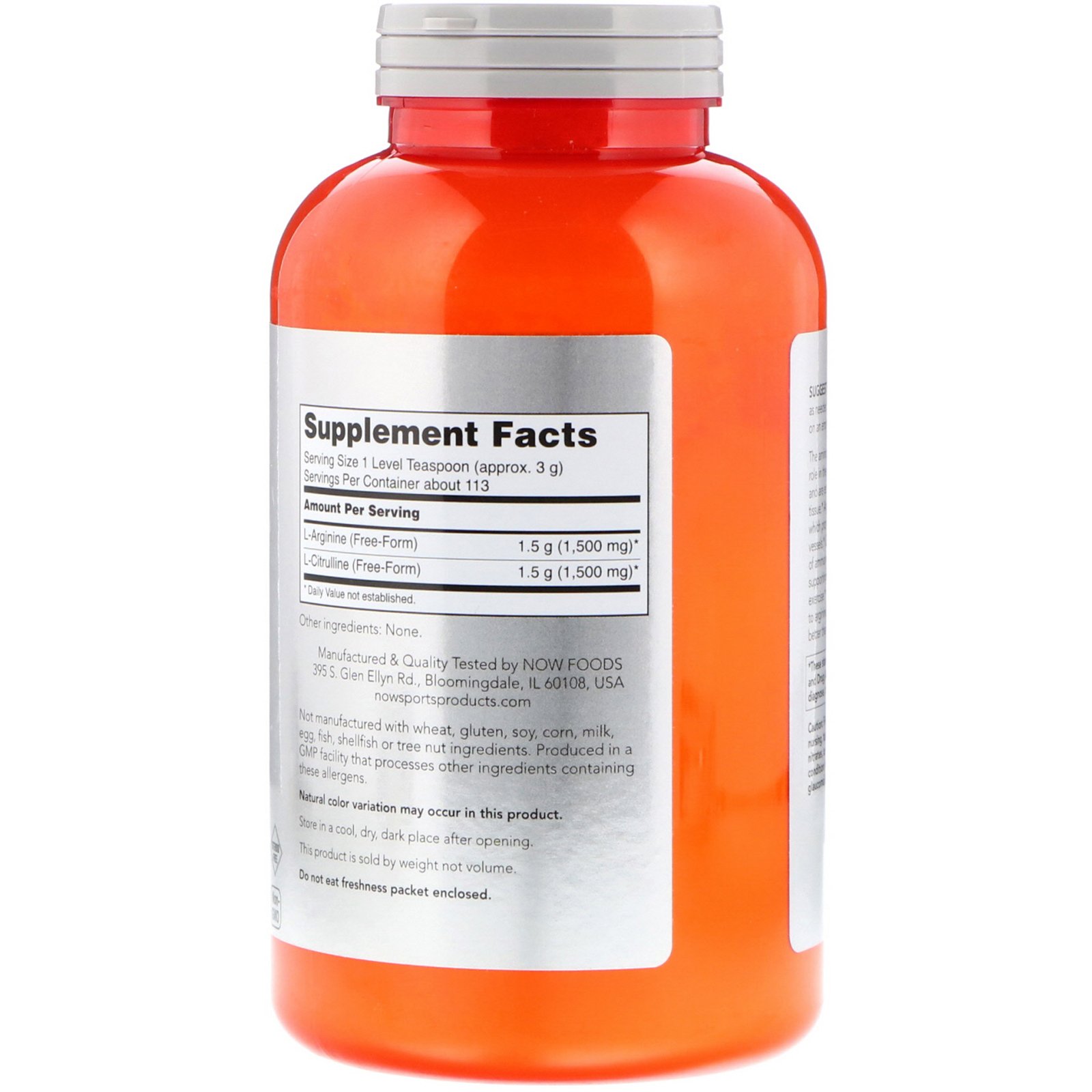 Now Foods, Esportes, Arginina e Citrulina em Pó, 340 g - Imagem 2