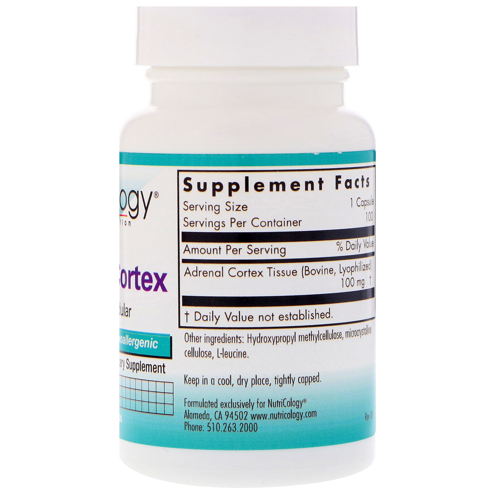 Nutricology, Córtex Adrenal, Glandular Natural, 100 Vegicaps - Imagem 2