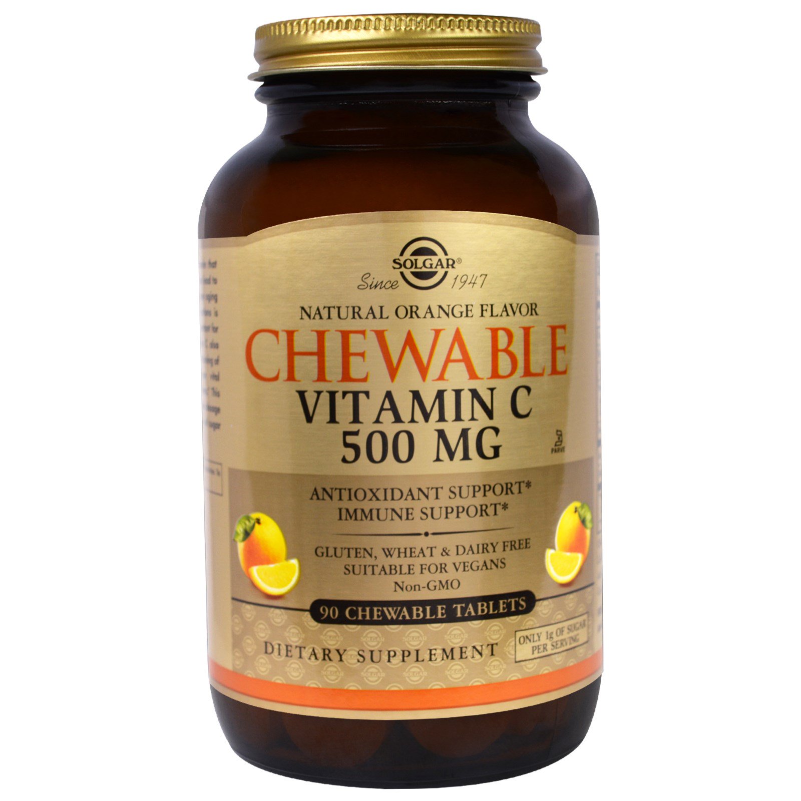 Solgar, Vitamina C Mastigável, Sabor Natural de Laranja, 500 mg, 90 Comprimidos Mastigáveis