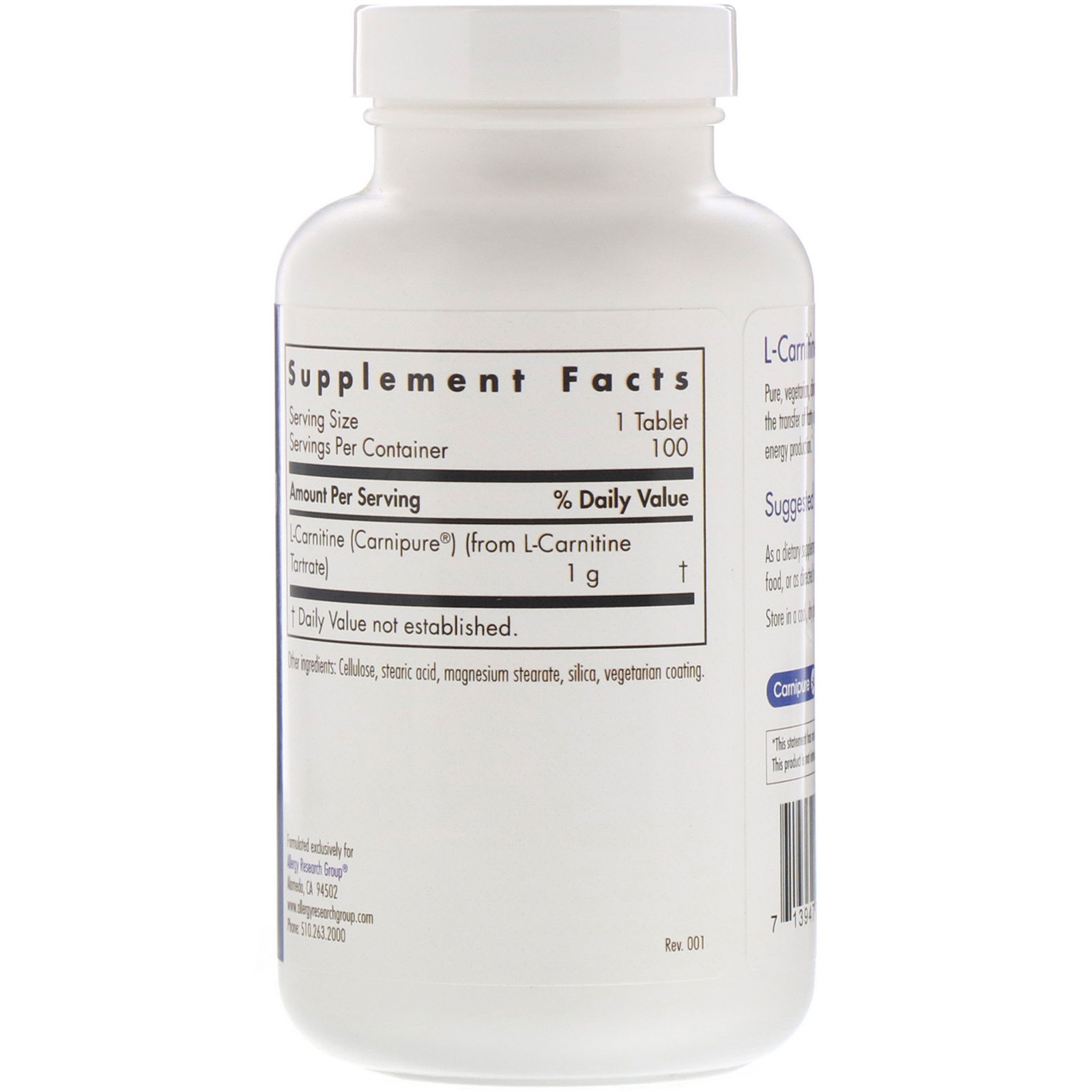 Allergy Research Group, L-Carnitine, 1,000 mg, 100 Vegetarian Tablets - Imagem 2