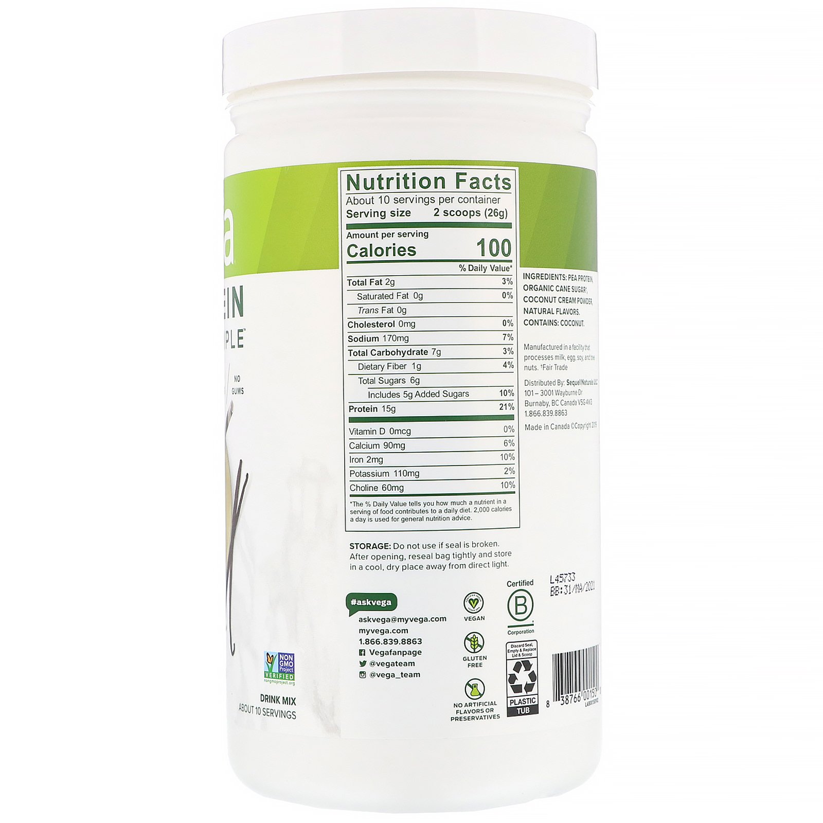 Vega, Protein Made Simple, Baunilha, 259 g (9,2 oz) - Imagem 2