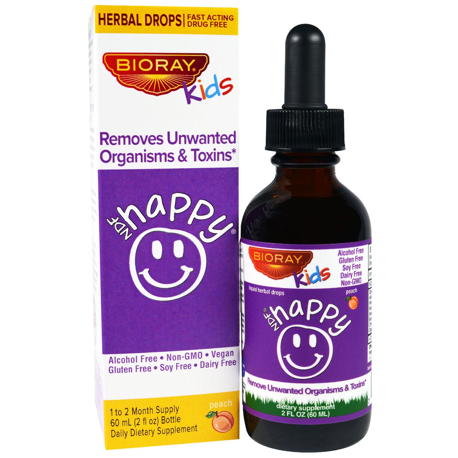 Bioray, NDF Happy, Remove Organismos e Toxinas Indesejados, Crianças, Sabor de Pêssego, 2 fl oz. (60 ml)