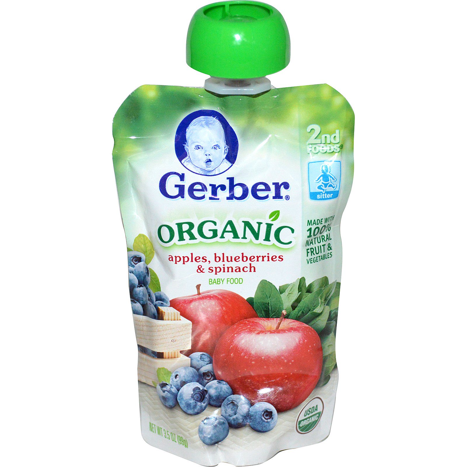 Gerber, Organic Baby Food, Apples, Blueberries & Spinach, 3.5 oz (99 g)