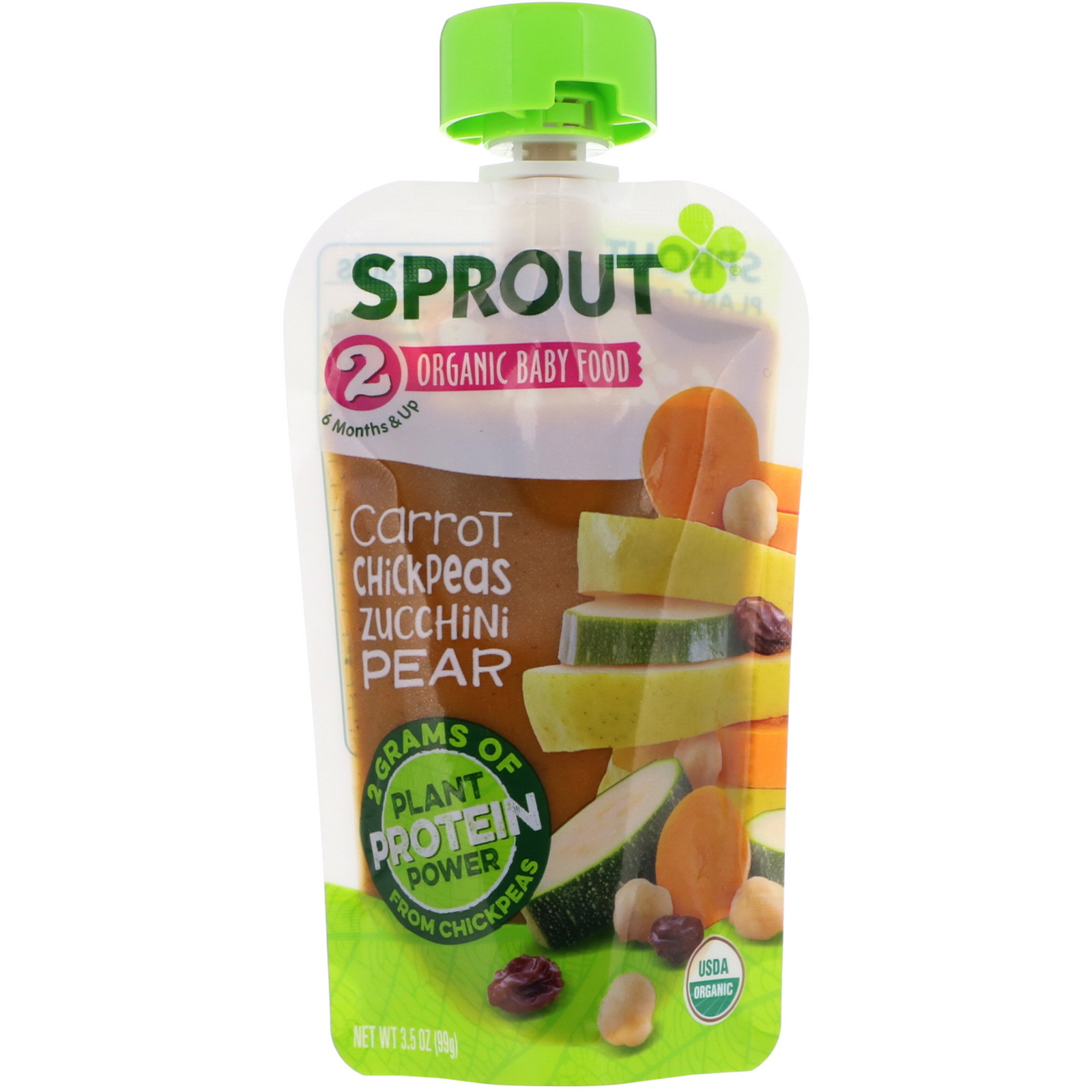 Sprout Organic, Comida para Bebê, Fase 2, Cenoura, Grão de bico, Abobrinha, Pera, 3,5 oz (99 g)