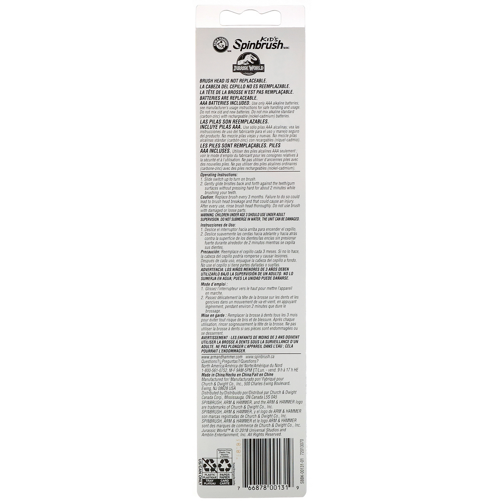Arm & Hammer, Kid's Spinbrush, Jurassic World, Soft, 1 Battery Powered Toothbrush - Imagem 3