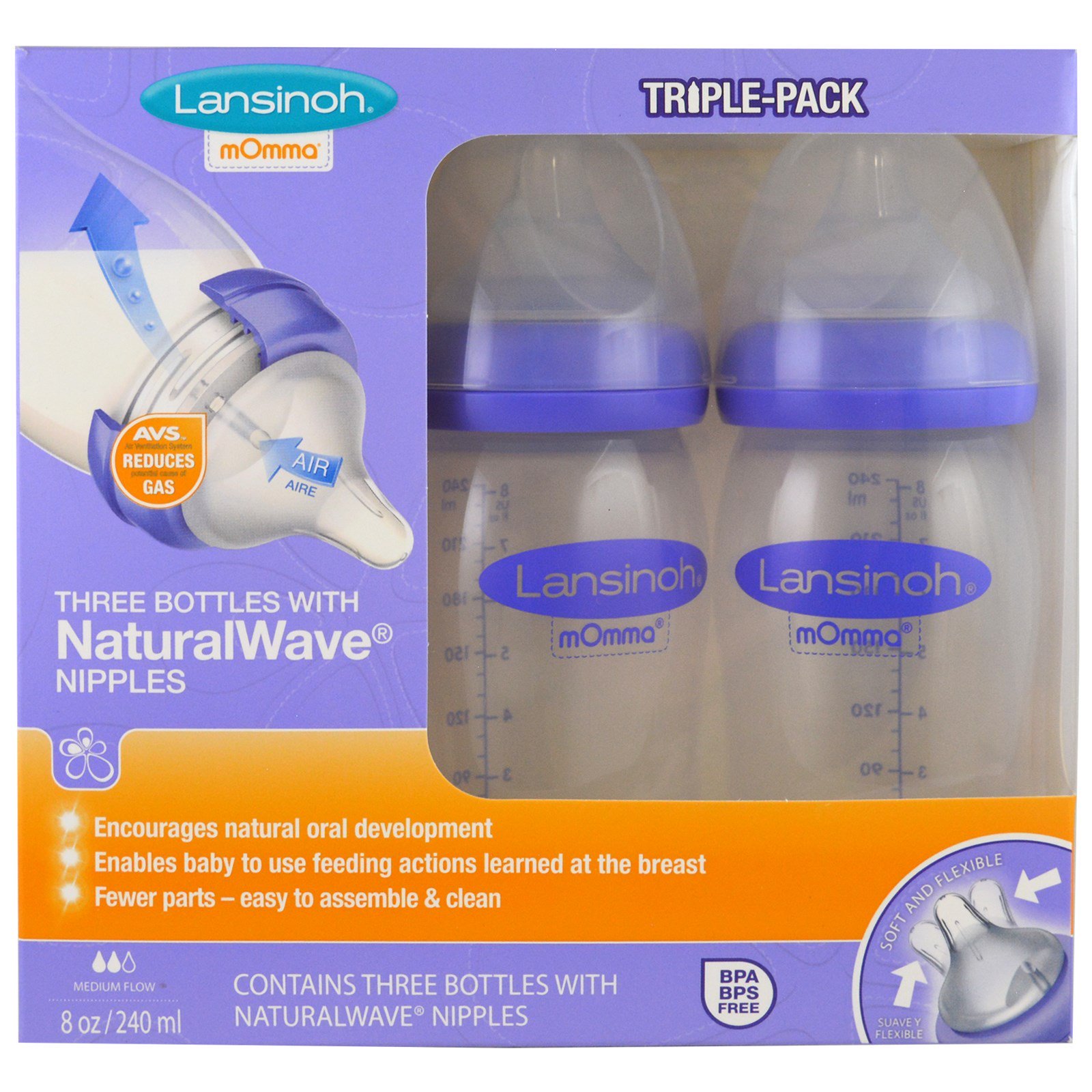 Lansinoh, Mamadeiras com bico Natural Wave, fluxo médio, 3 mamadeiras, 8 oz (240 ml) cada