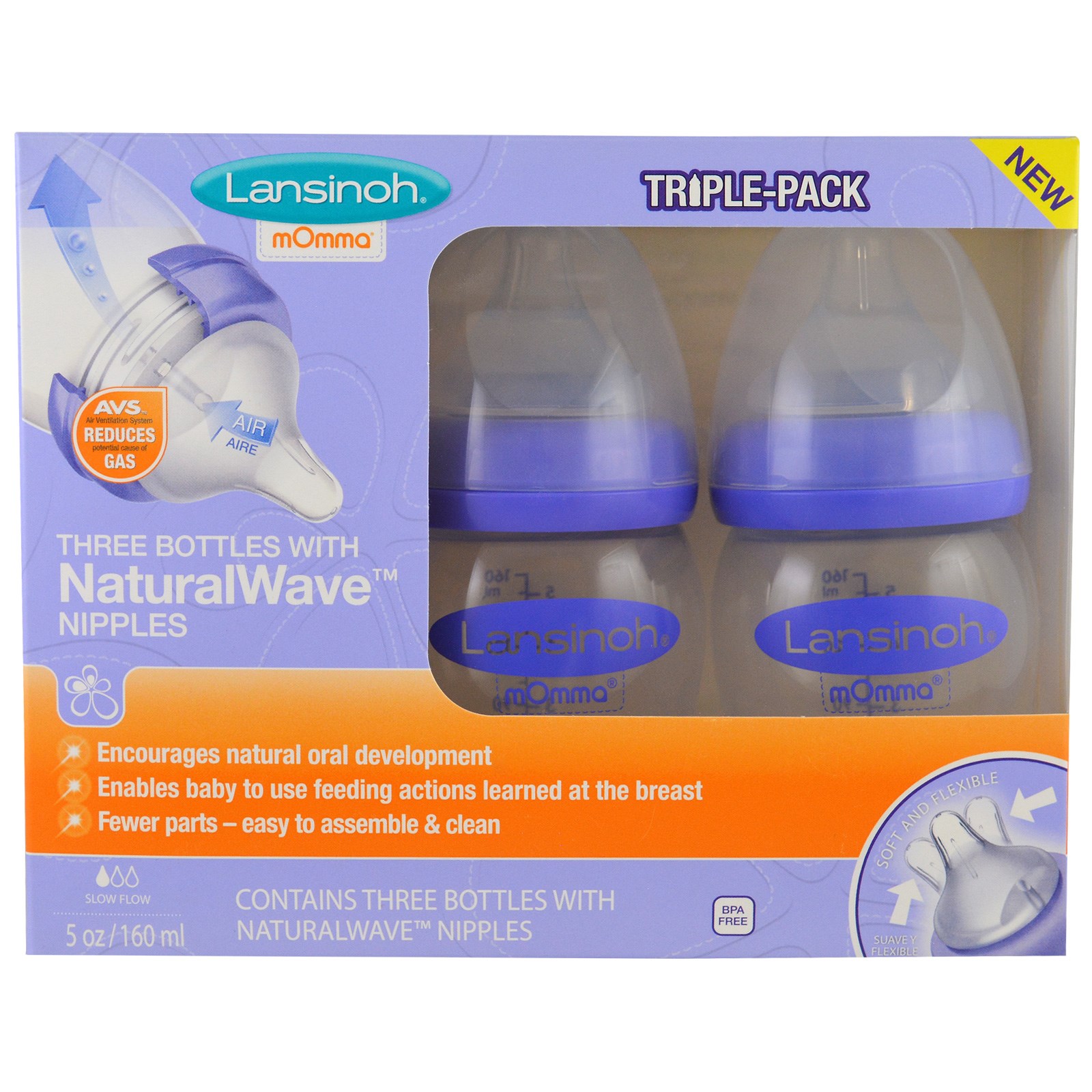 Lansinoh, Mamadeira com Bico Onda Natural, Fluxo Lento, 3 Mamadeiras, 5 oz (160 ml) Cada