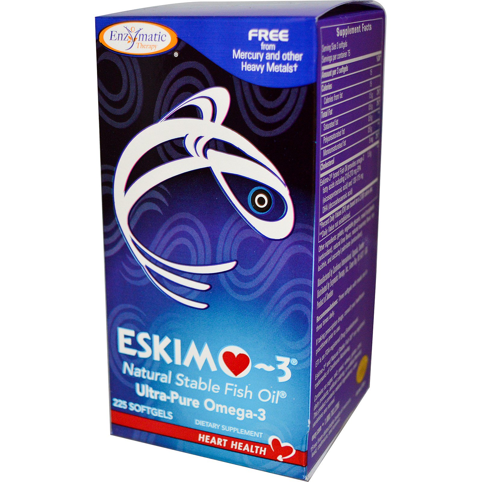 Enzymatic Therapy, Eskimo-3, Óleo de Peixe Estável Natural, 225 Cápsulas Gelatinosas