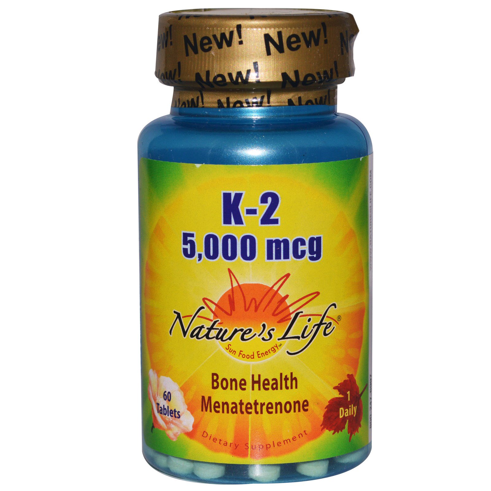Nature's Life, K-2, Menatetrenona para Saúde Óssea, 5.000 mcg, 60 Comprimidos