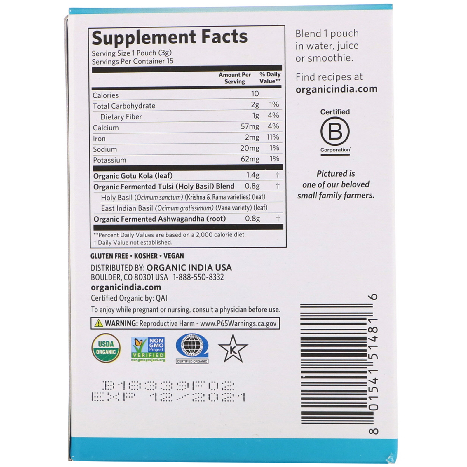 Organic India, Mindful Lift, Fermented Adaptogens, 15 Packs, 0.1 oz (3 g) Each - Imagem 2