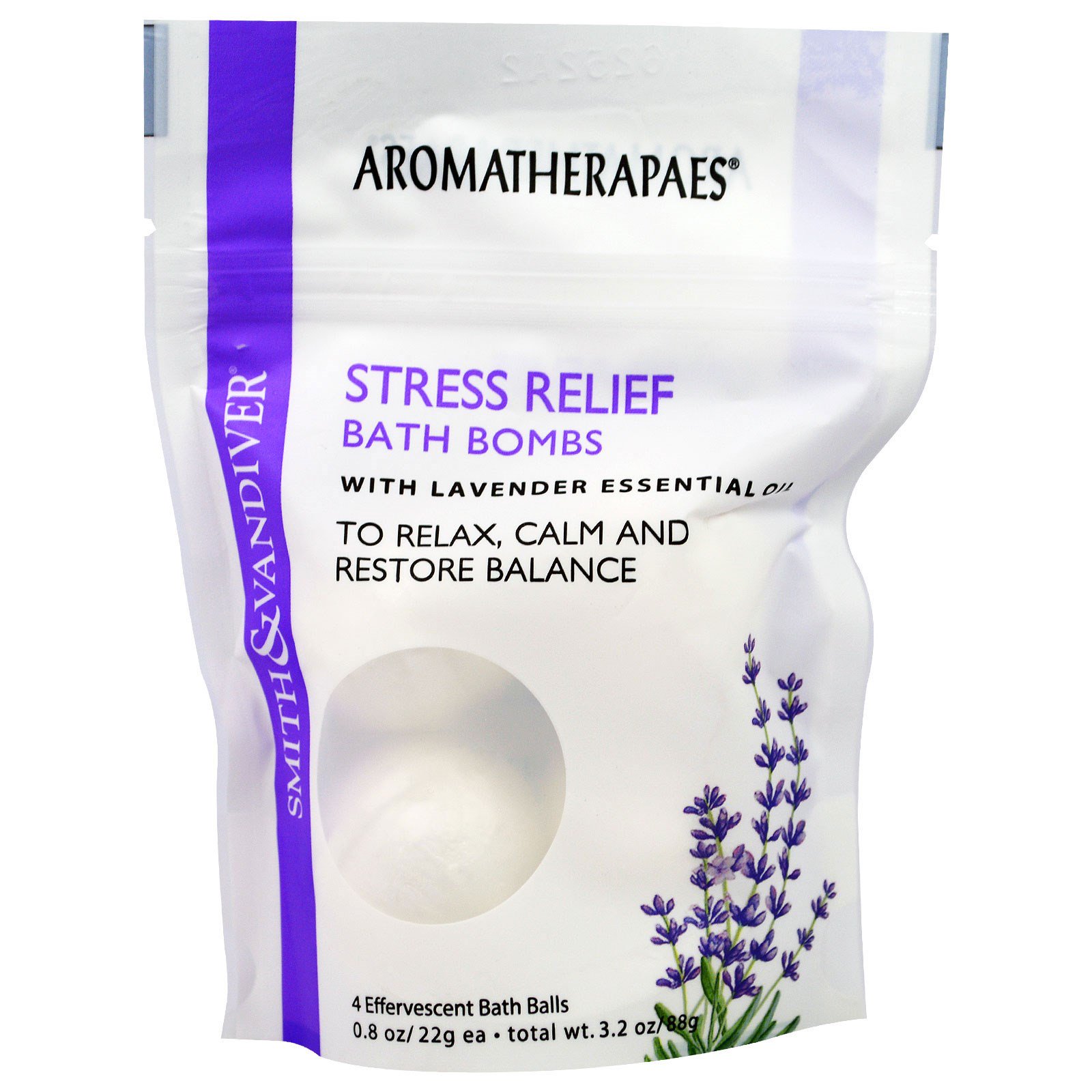 Smith & Vandiver, Bath Bombs Aliviadores de Estresse com Óleo Essencial de Lavanda, 4 Bolas Efervescentes para Banheira, 0,8 oz (22 g) Cada