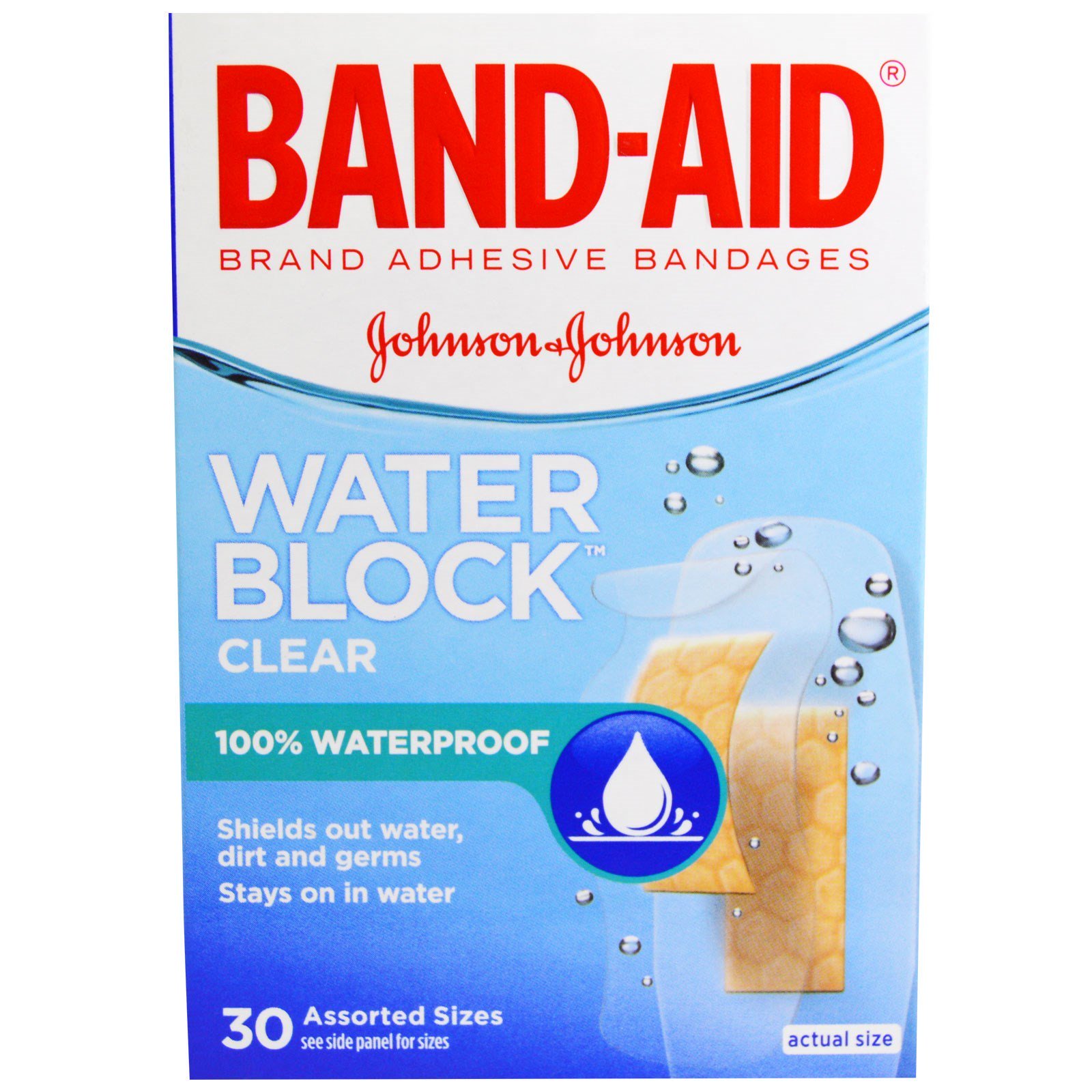 Band Aid, Curativos adesivos, Aquablock, Transparente, 30 de tamanhos variados