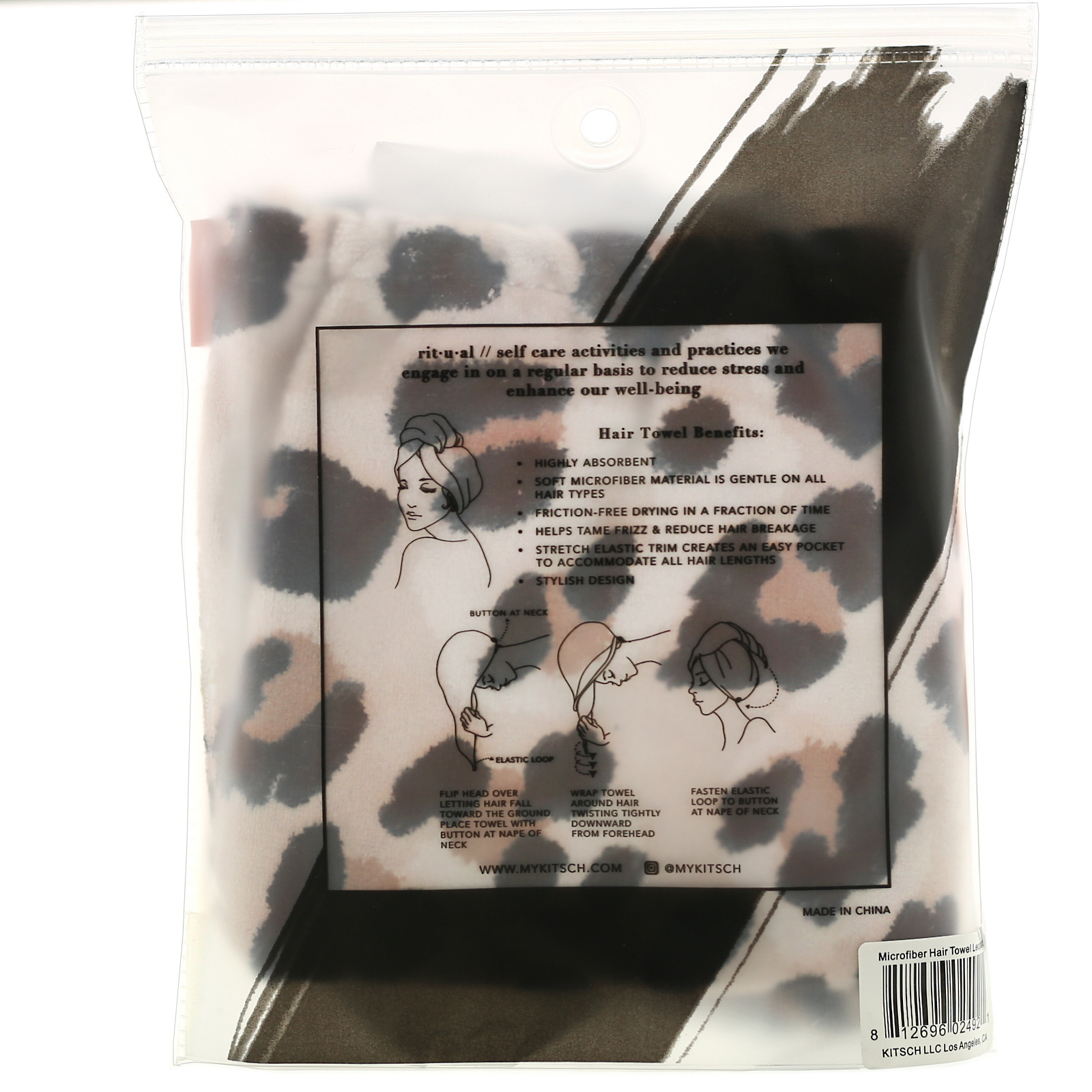 Kitsch, Toalha de Microfibra para Cabelo, Secagem Rápida, Leopardo, 1 Unidade - Imagem 2