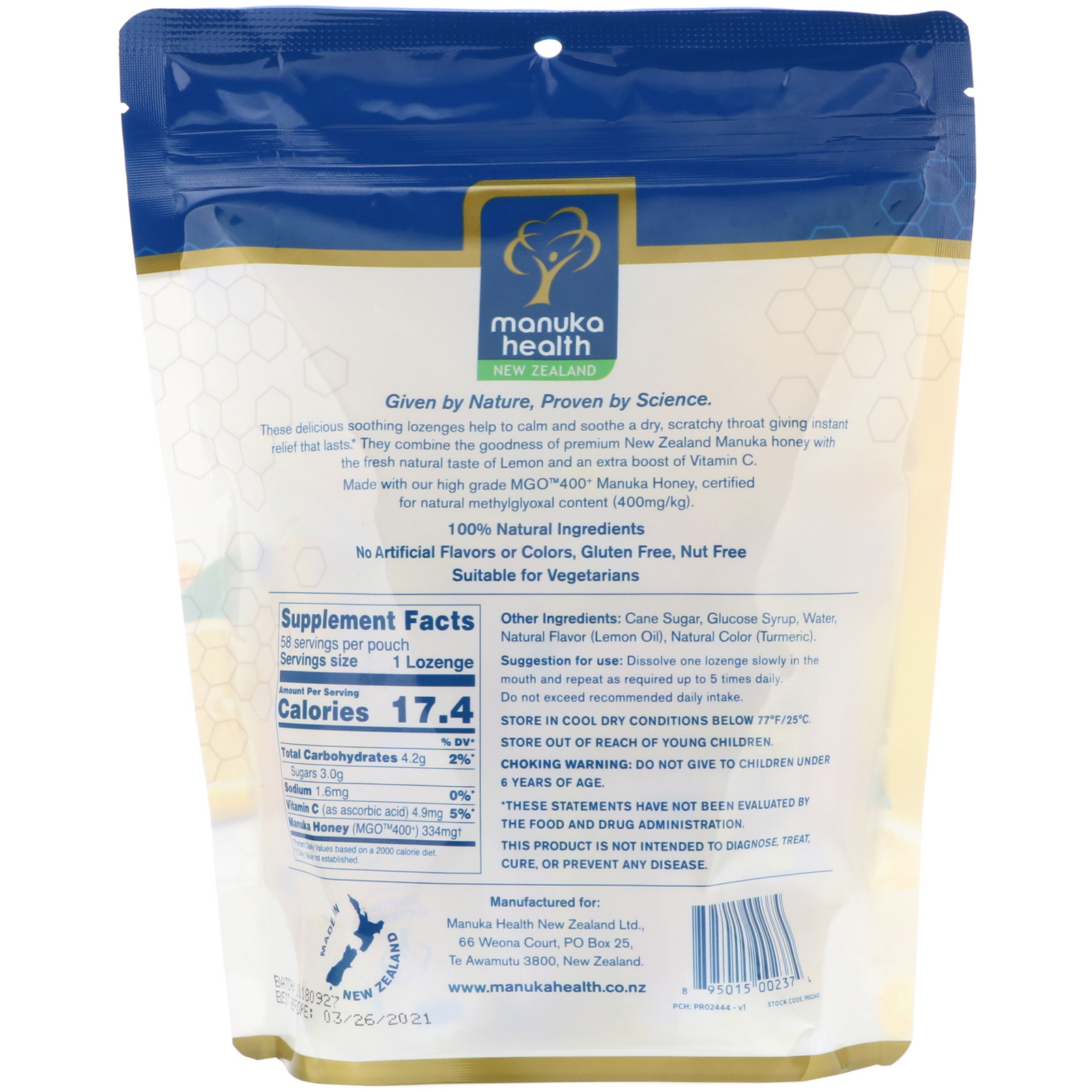 Manuka Health, Manuka Honey Lozenges, Lemon, MGO 400+, 58 Lozenges - Imagem 2