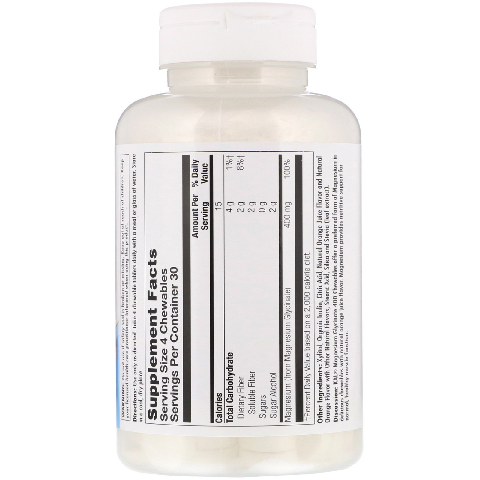 KAL, Magnesium Glycinate 400, Natural Orange Flavor, 120 Chewables - Imagem 2