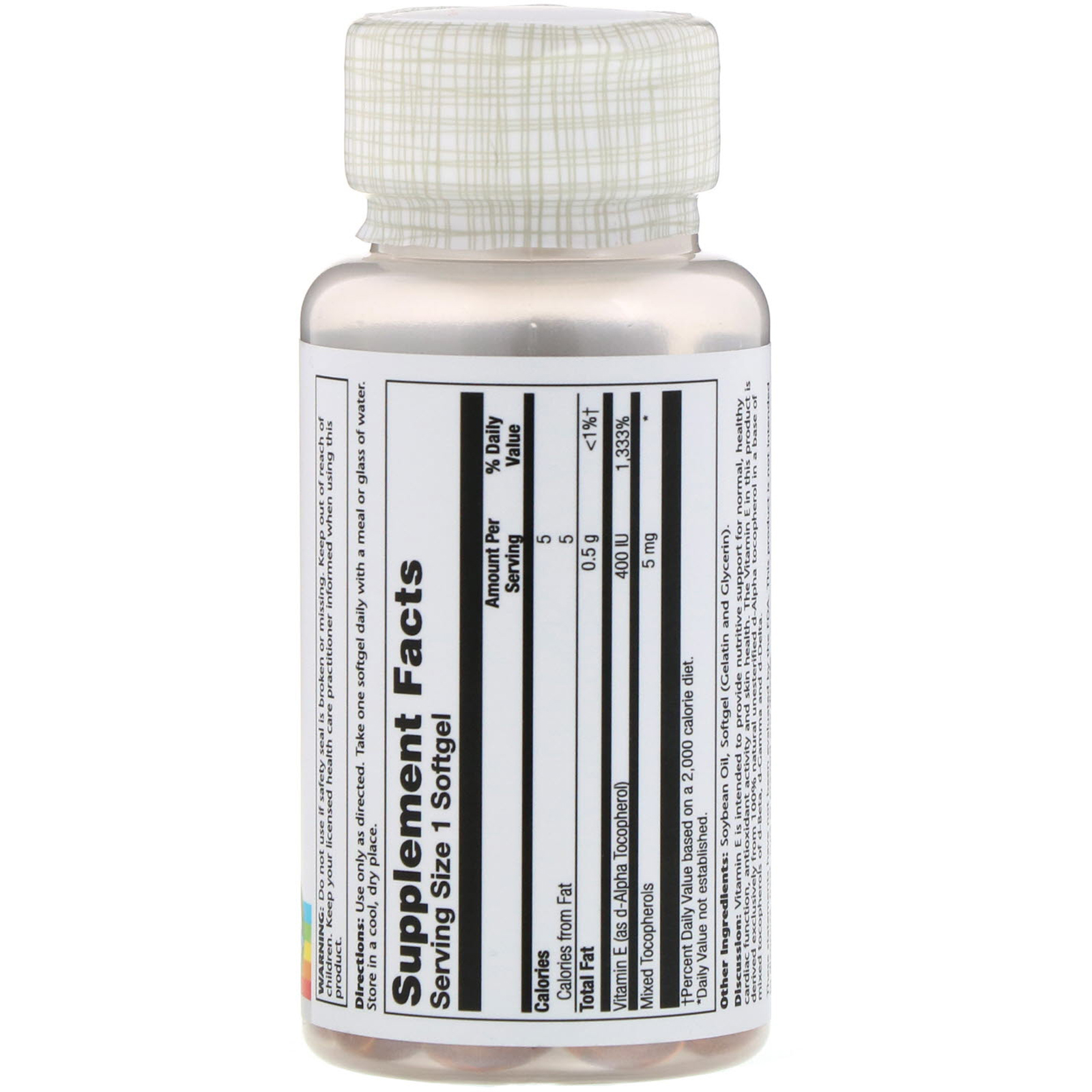 Solaray, Vitamin E , 400 IU, 100 Softgels - Imagem 2