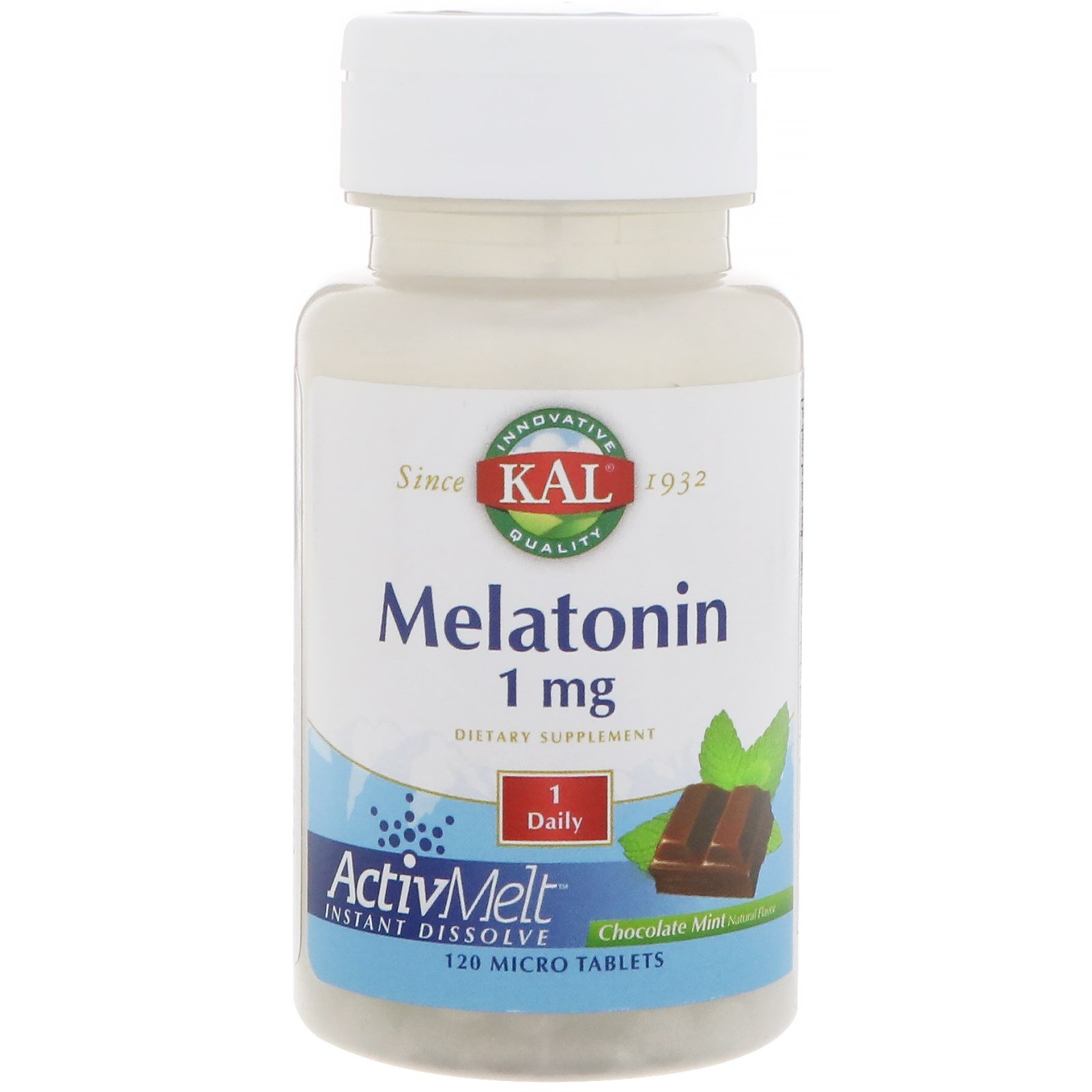 KAL, Melatonina, Sabor Natural de Chocolate e Menta, 1 mg, 120 micro comprimidos